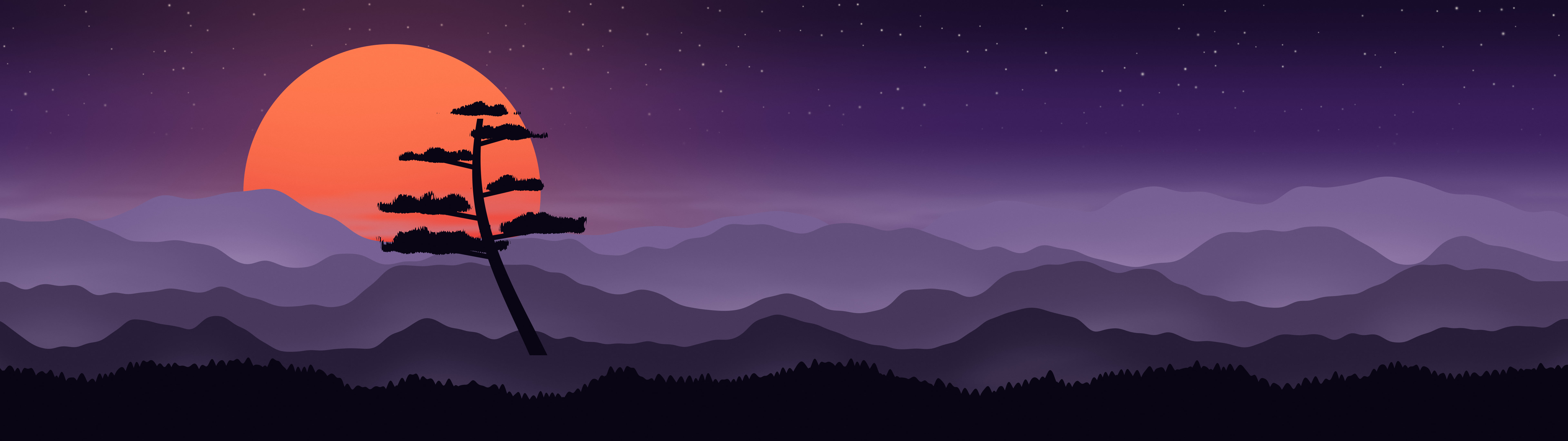 Dark Purple Japanese Sun and Misty Mountains dual monitor wallpaper, 7680 × 2160