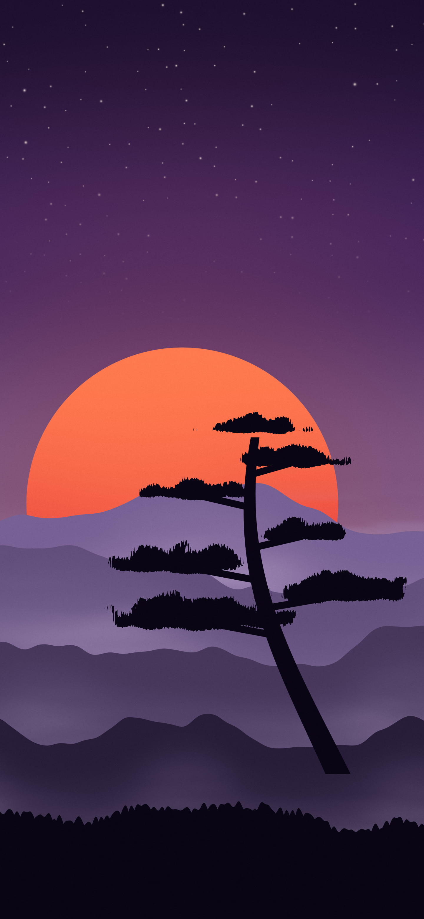 Dark Purple Japanese Sun and Misty Mountains wallpaper for iPhone and Android