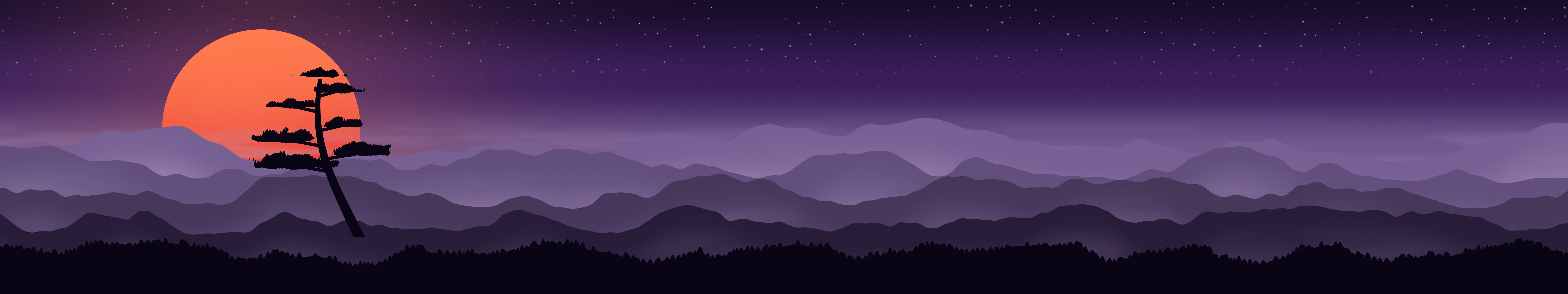 Dark Purple Japanese Sun and Misty Mountains triple monitor wallpaper, 7680 × 1440