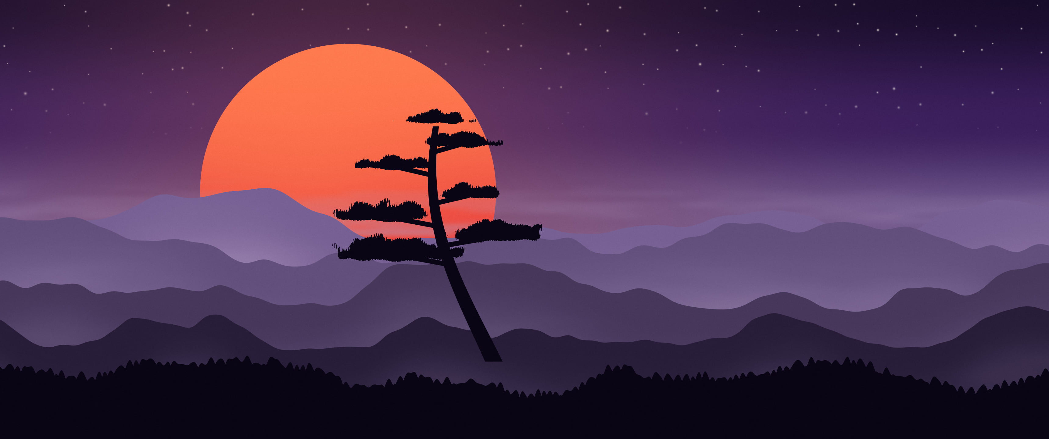 Dark Purple Japanese Sun and Misty Mountains ultrawide wallpaper, 3440 × 1440