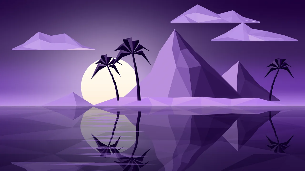 Dark Purple Low Poly Island at Sunset desktop wallpaper in 4K