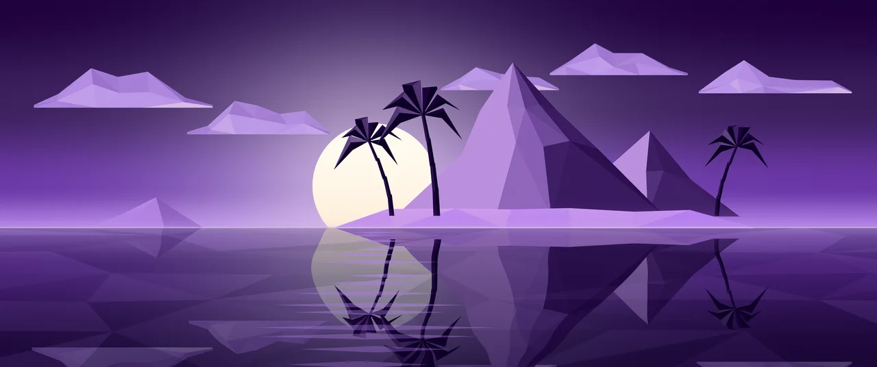 Dark Purple Low Poly Island at Sunset ultrawide wallpaper, 3440 × 1440