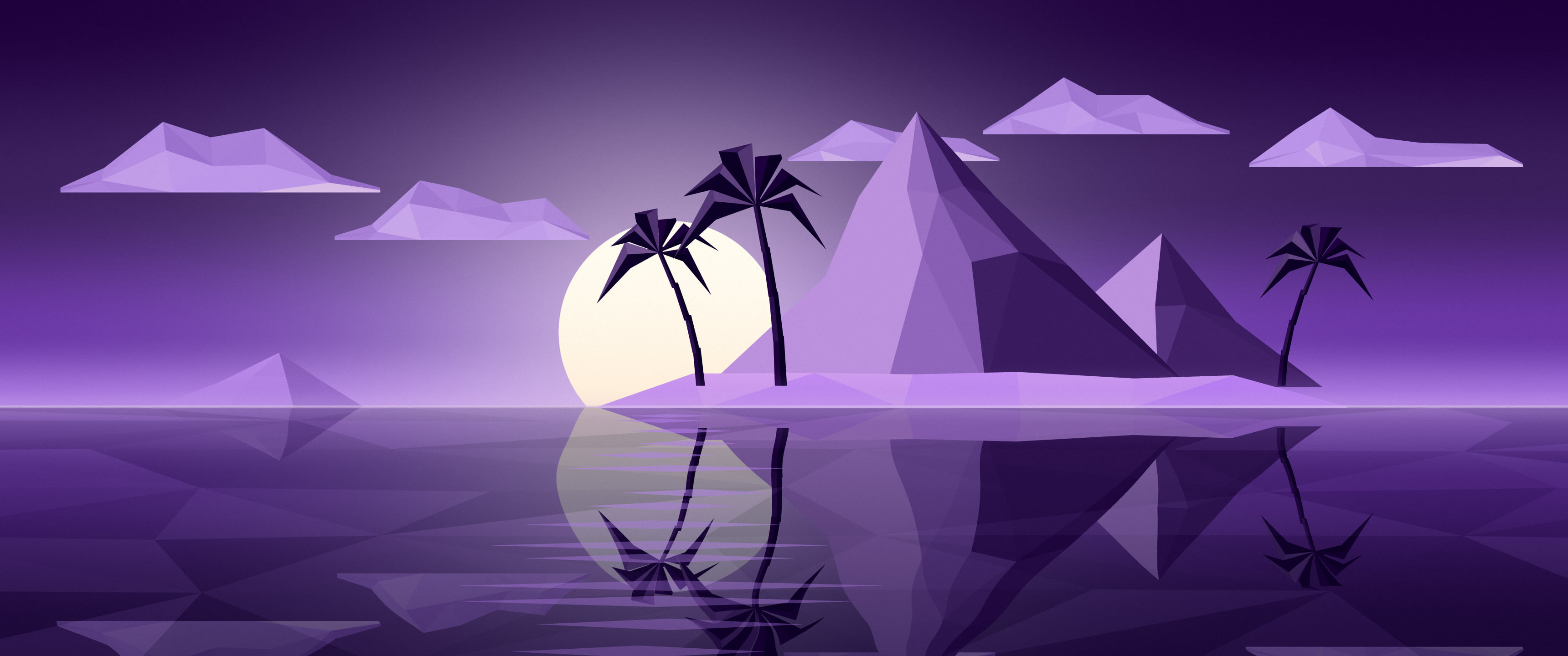 Dark Purple Low Poly Island at Sunset ultrawide wallpaper, 3440 × 1440