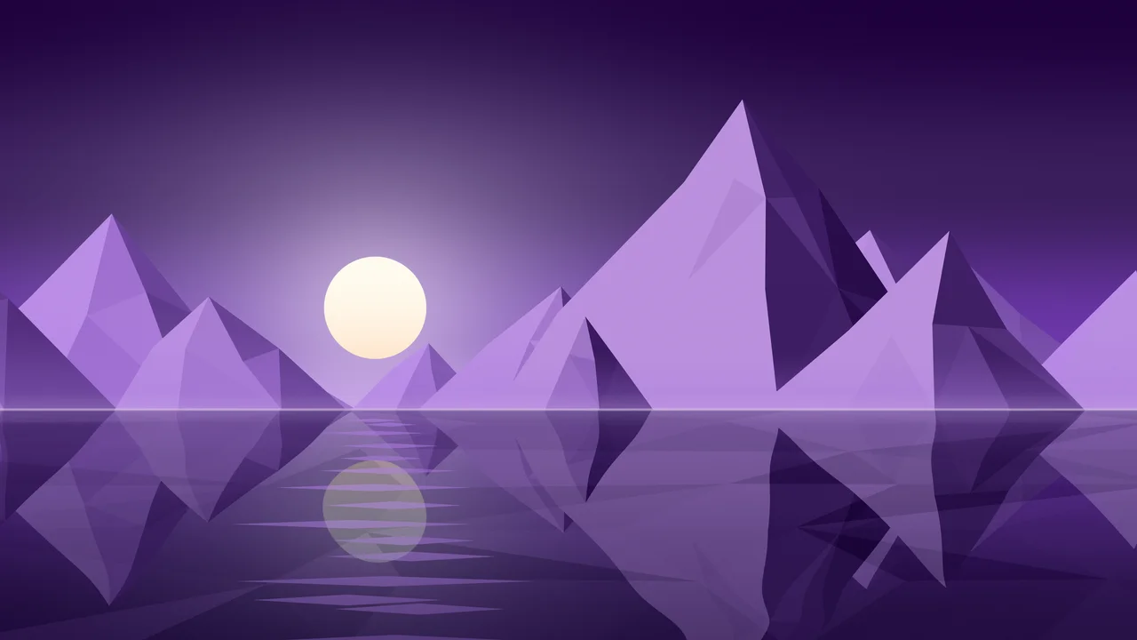 Dark Purple Low Poly Mountain Lake at Sunset desktop wallpaper in 4K