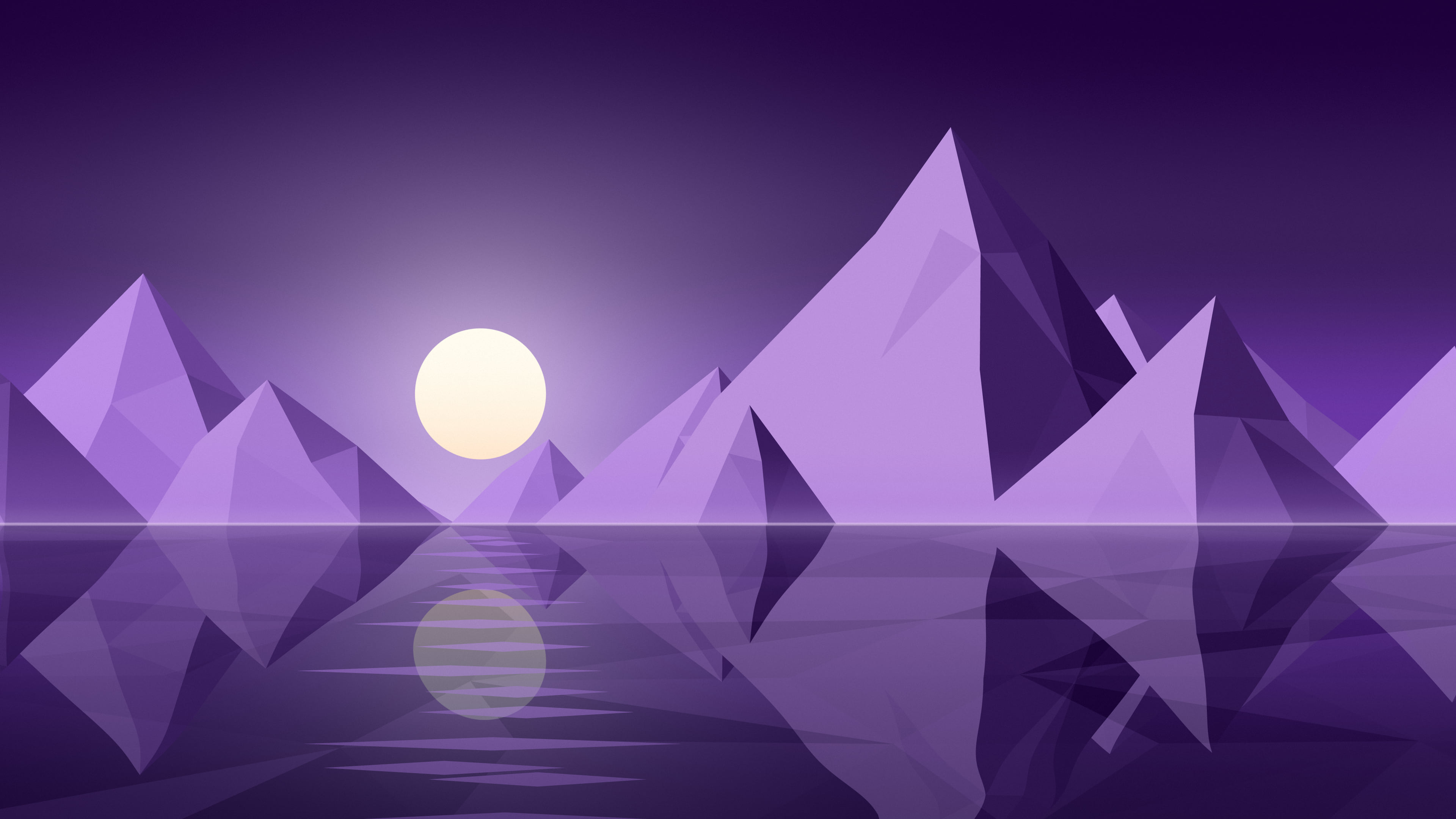 Dark Purple Low Poly Mountain Lake at Sunset desktop wallpaper in 4K