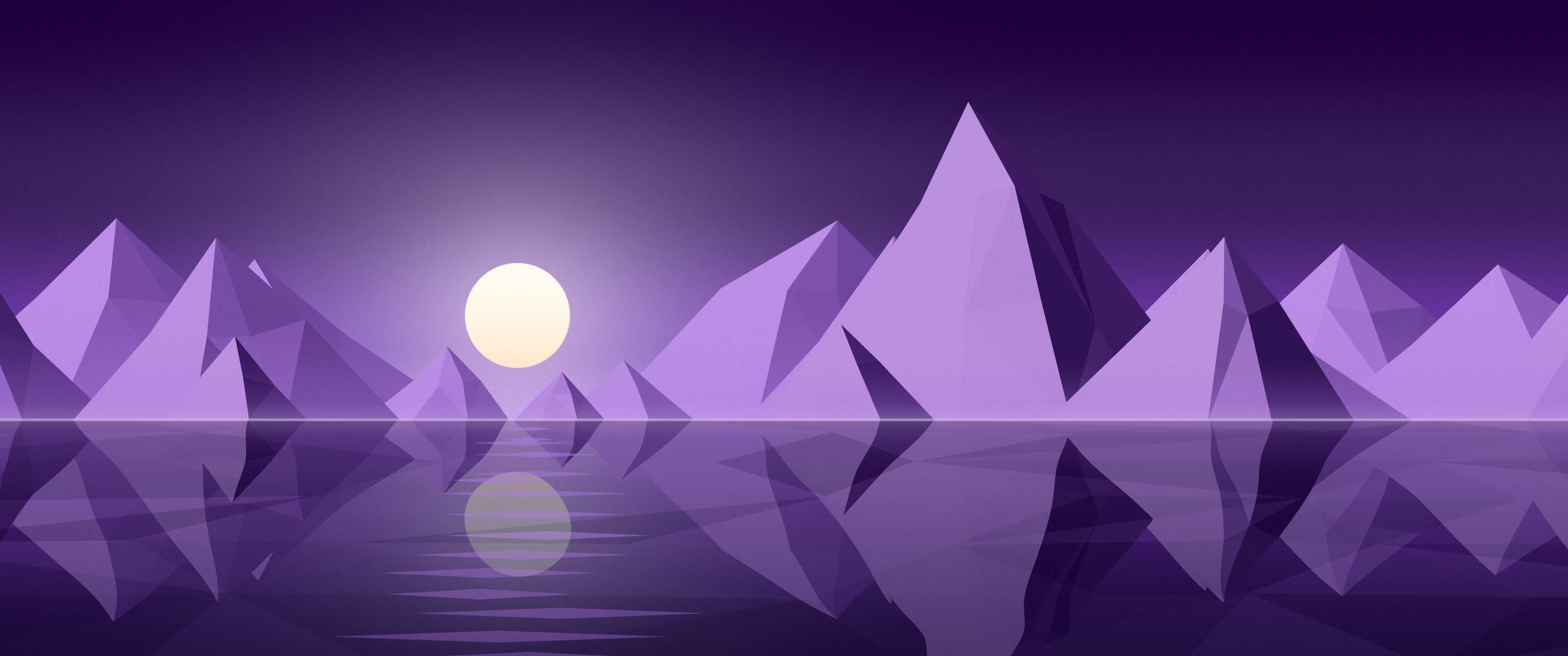 Dark Purple Low Poly Mountain Lake at Sunset ultrawide wallpaper, 3440 × 1440