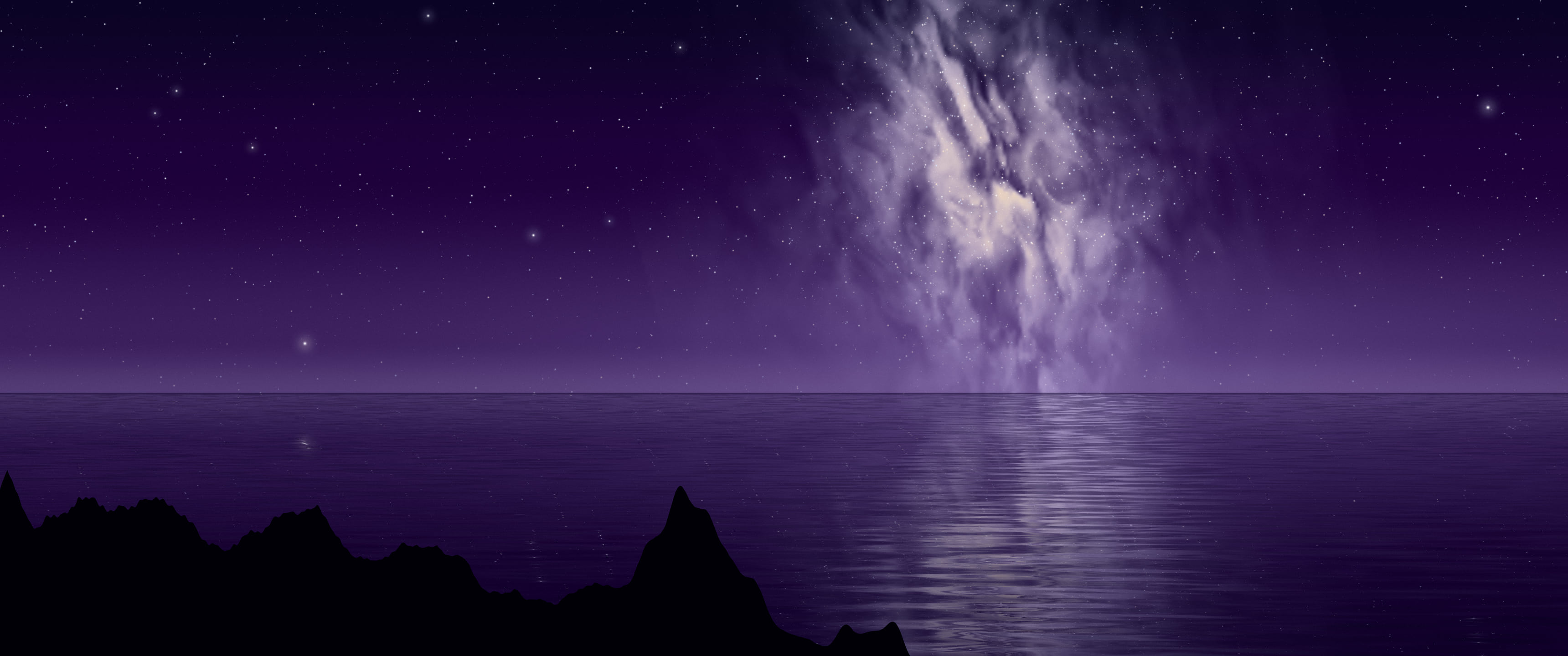 Dark Purple Milky Way over the Ocean ultrawide wallpaper, 3440 × 1440