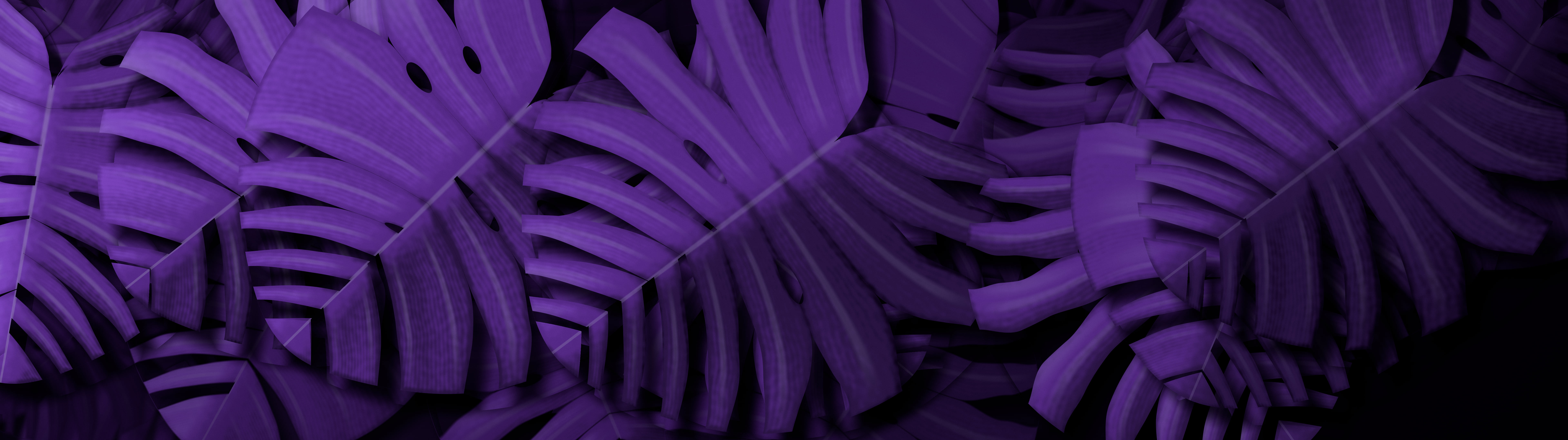 Dark Purple Monstera Leaves dual monitor wallpaper, 7680 × 2160