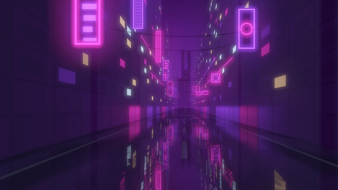 Dark Purple Neon City Street desktop wallpaper in 4K