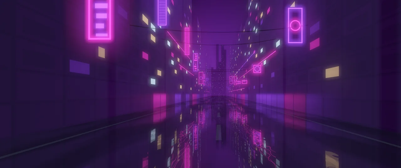 Dark Purple Neon City Street ultrawide wallpaper, 3440 × 1440