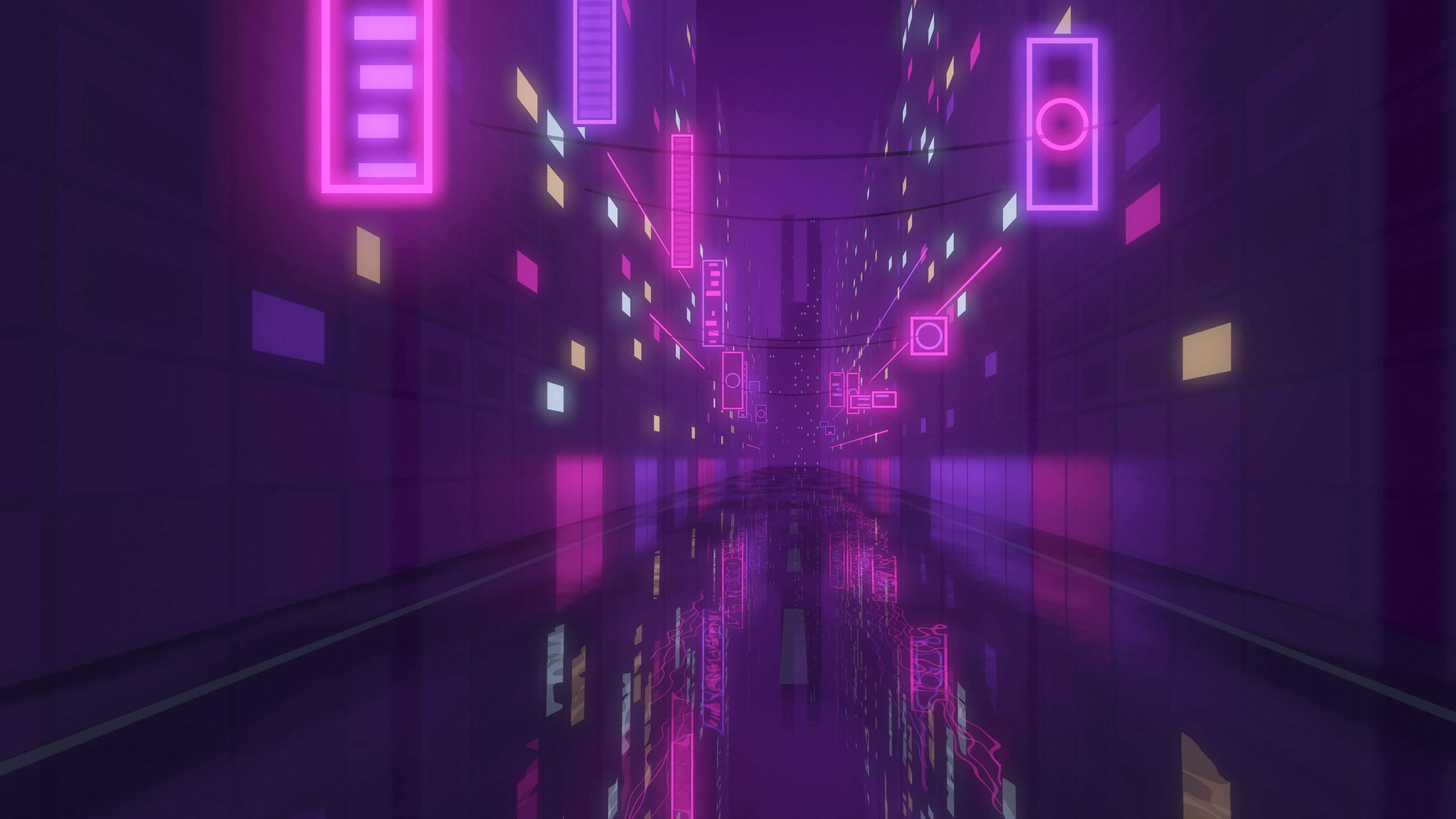 Dark Purple Neon City Street desktop wallpaper in 4K