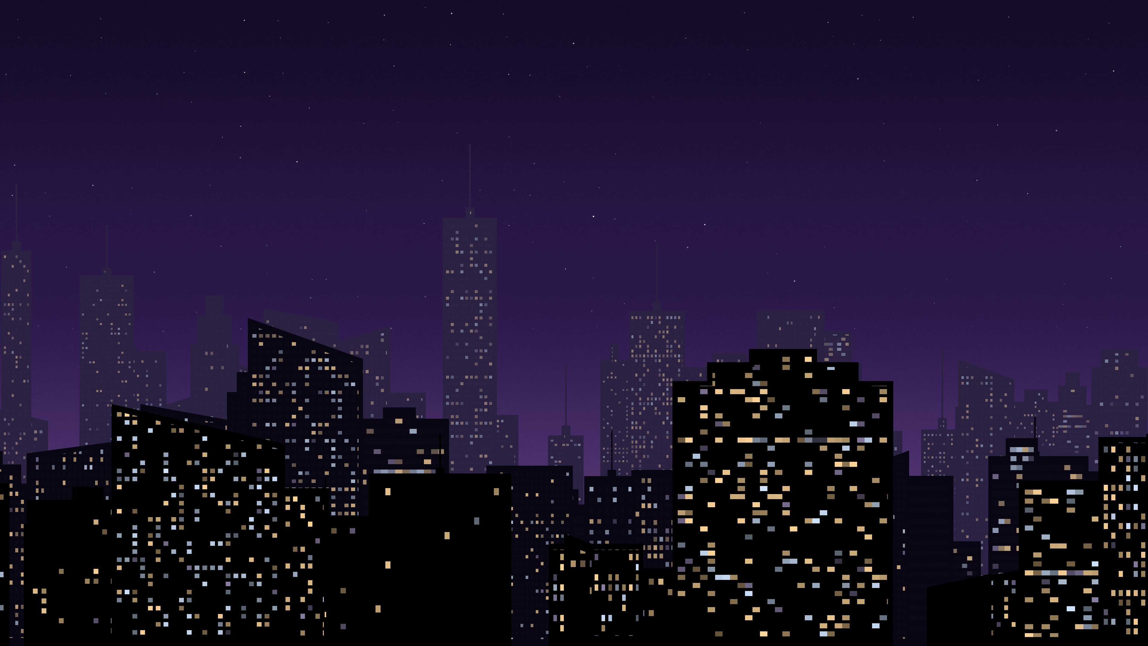 Dark Purple Night City Skyline desktop wallpaper in 4K