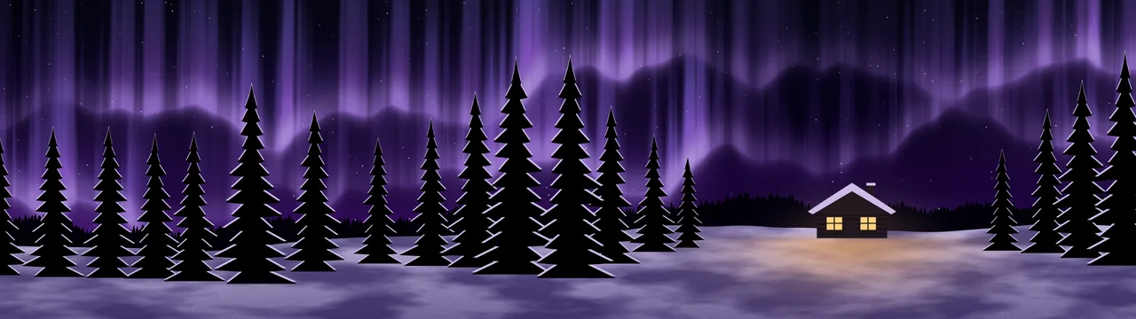 Dark Purple Northern Lights Cabin dual monitor wallpaper, 7680 × 2160