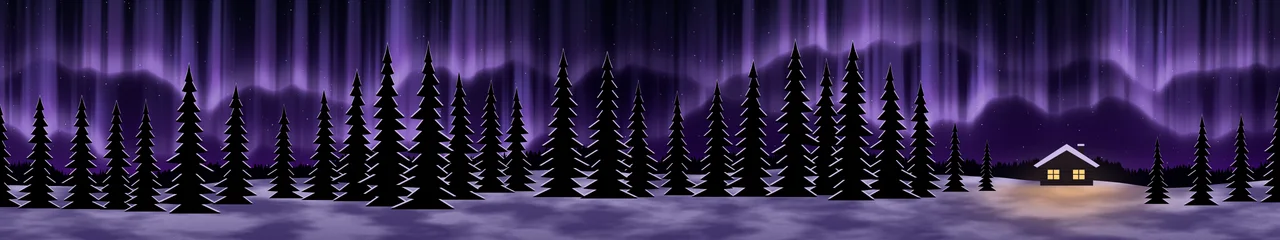 Dark Purple Northern Lights Cabin triple monitor wallpaper, 7680 × 1440