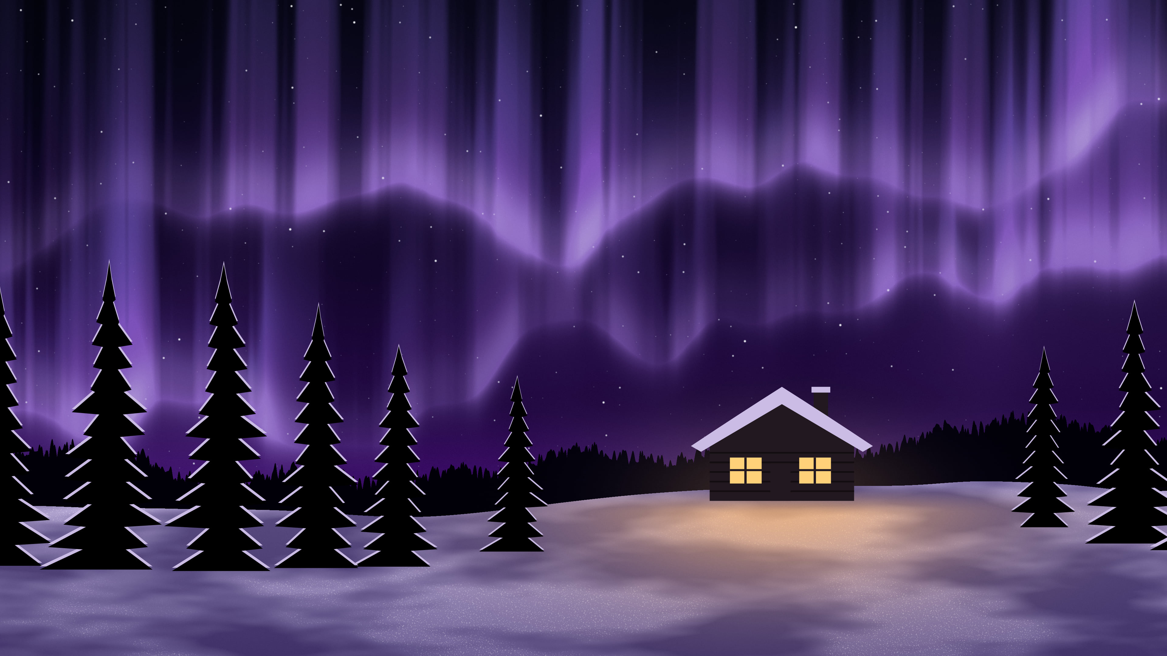 Dark Purple Northern Lights Cabin desktop wallpaper in 4K