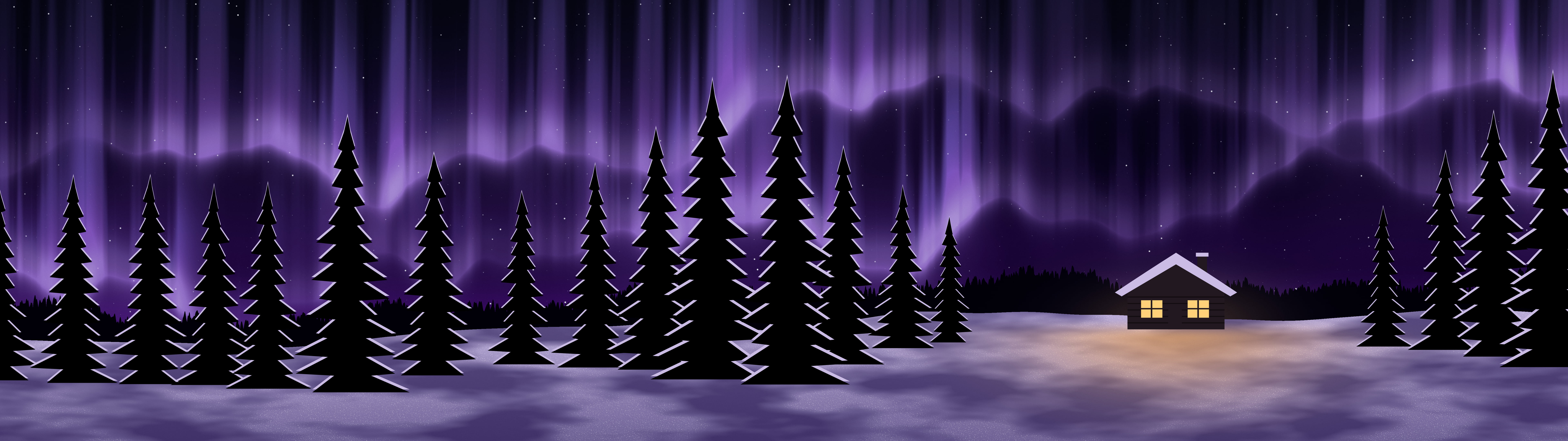 Dark Purple Northern Lights Cabin dual monitor wallpaper, 7680 × 2160