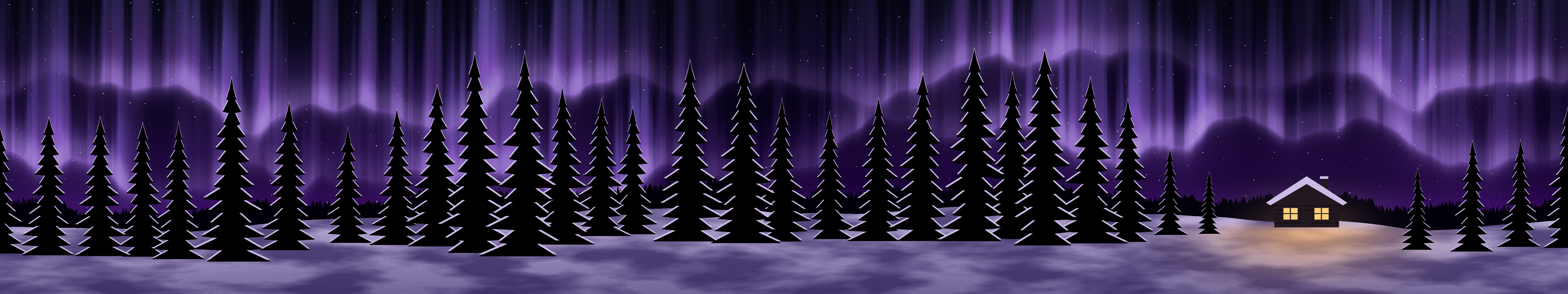Dark Purple Northern Lights Cabin triple monitor wallpaper, 7680 × 1440