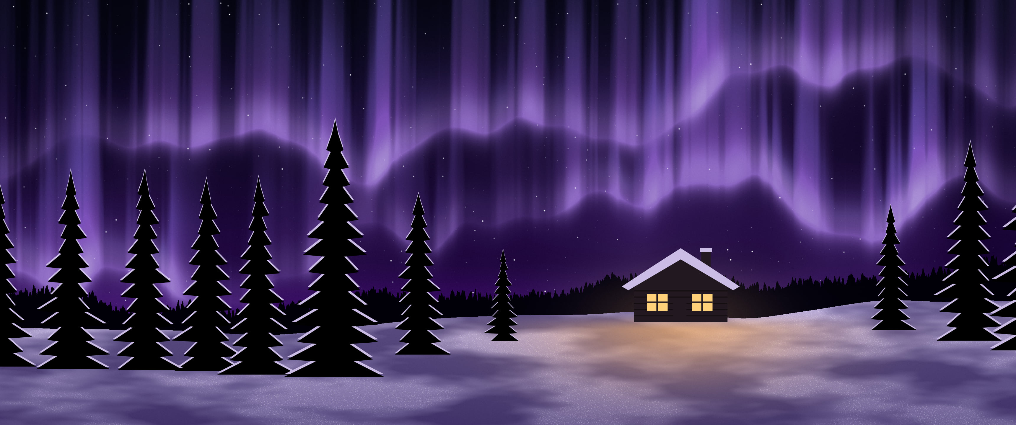Dark Purple Northern Lights Cabin ultrawide wallpaper, 3440 × 1440