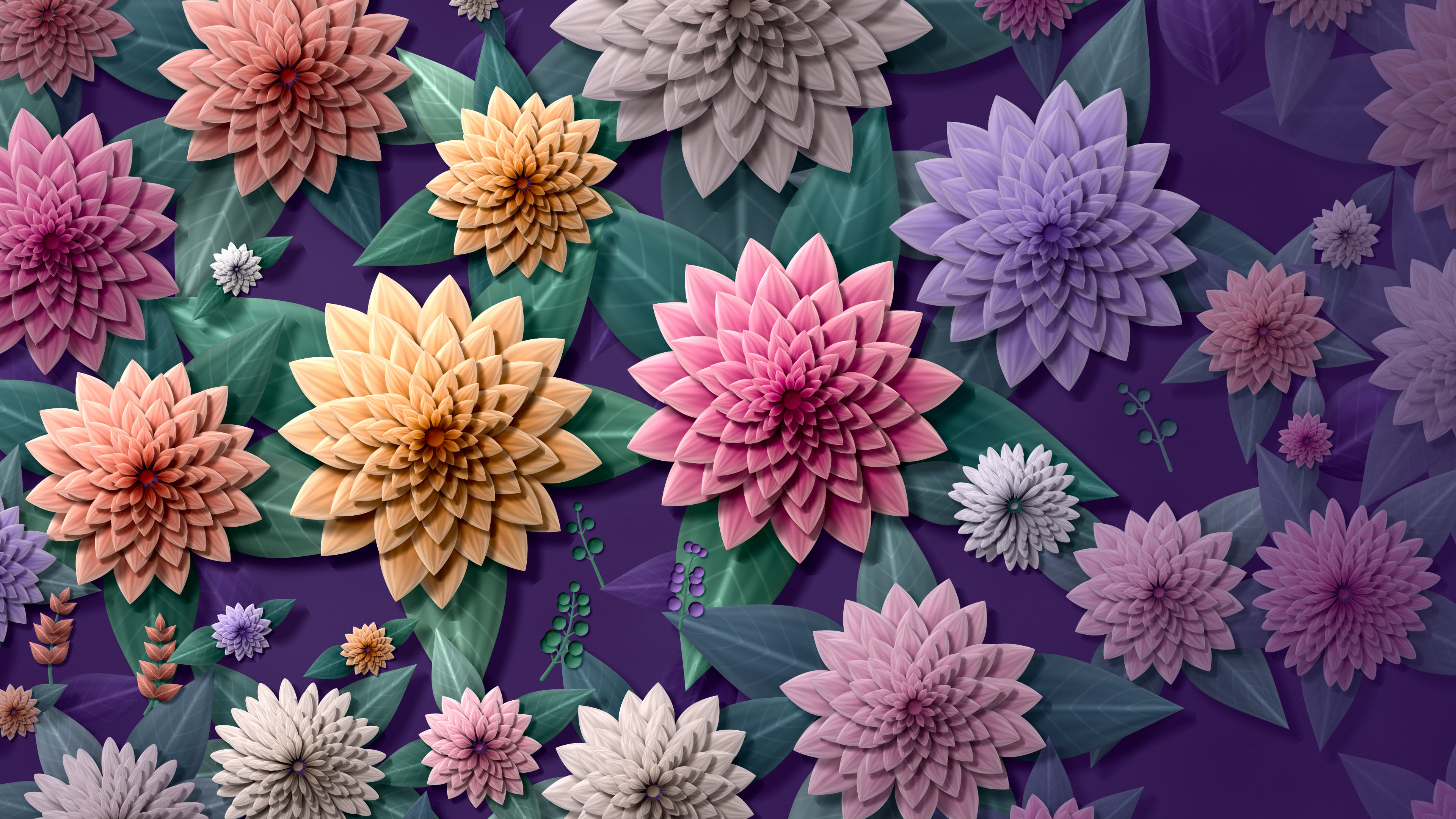 Dark Purple Paper Dahlia Pattern desktop wallpaper in 4K