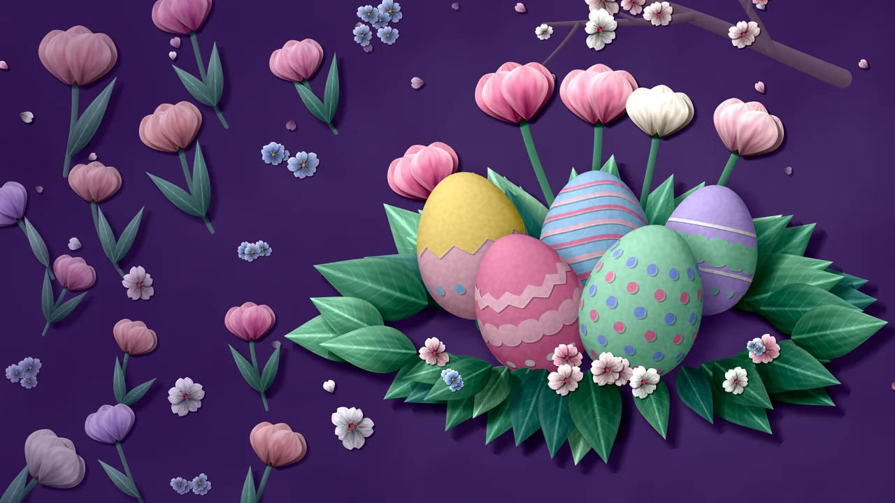 Dark Purple Paper Easter Eggs and Spring Flowers desktop wallpaper in 4K