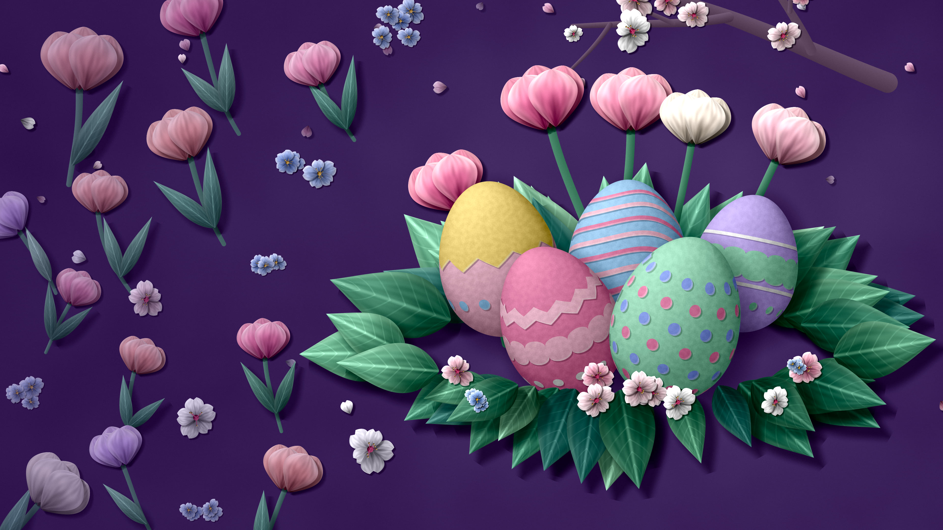 Dark Purple Paper Easter Eggs and Spring Flowers desktop wallpaper in 4K