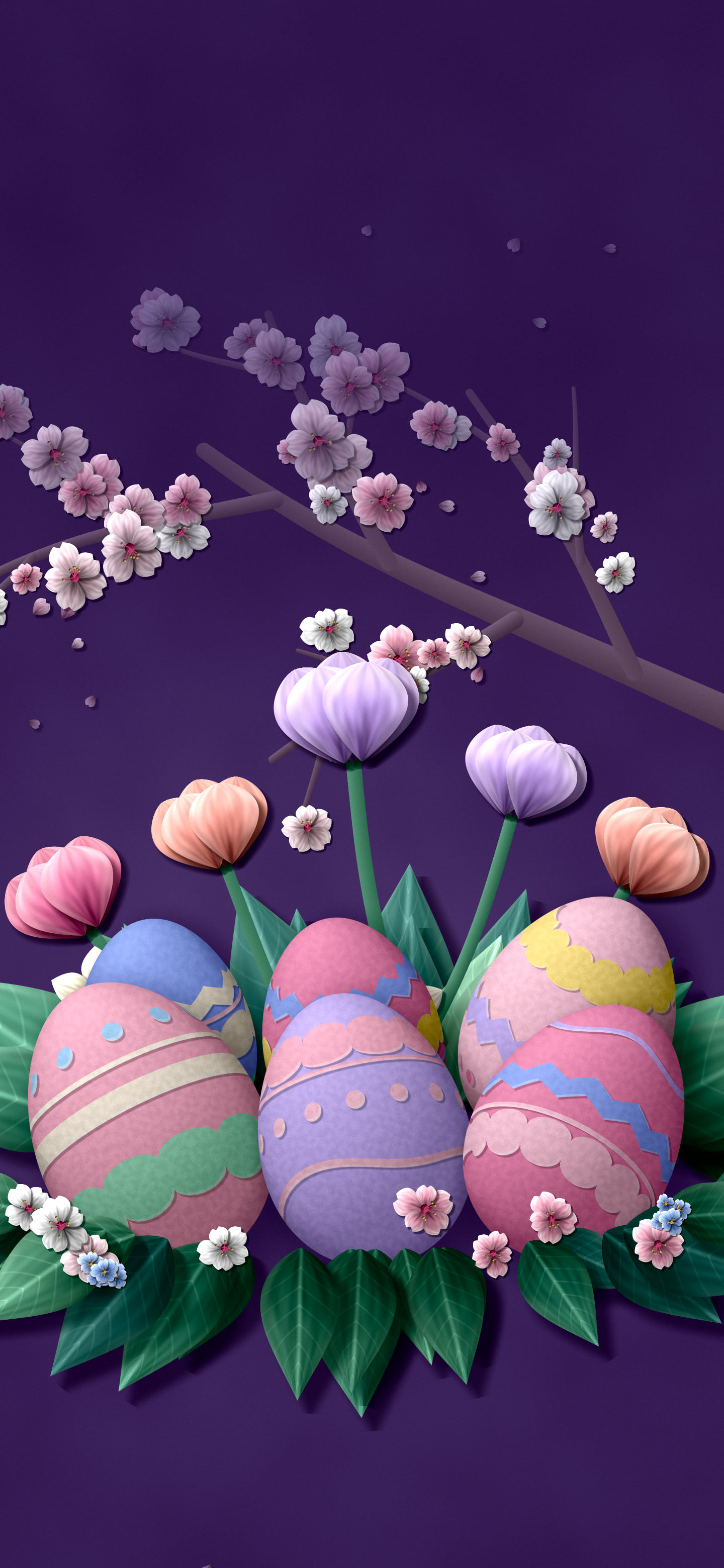 Dark Purple Paper Easter Eggs and Spring Flowers wallpaper for iPhone and Android