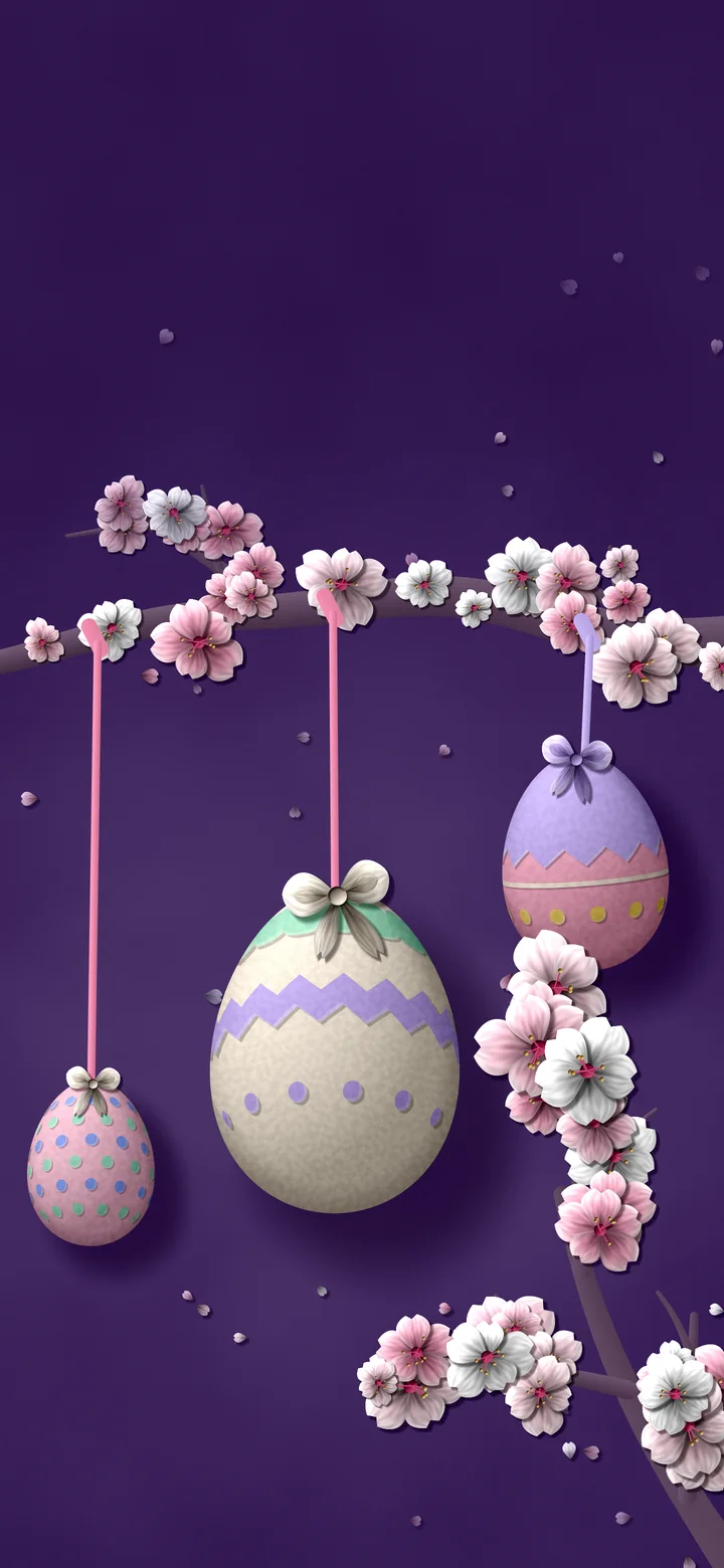 Dark Purple Paper Easter Eggs on a Cherry Blossom Branch wallpaper for iPhone and Android
