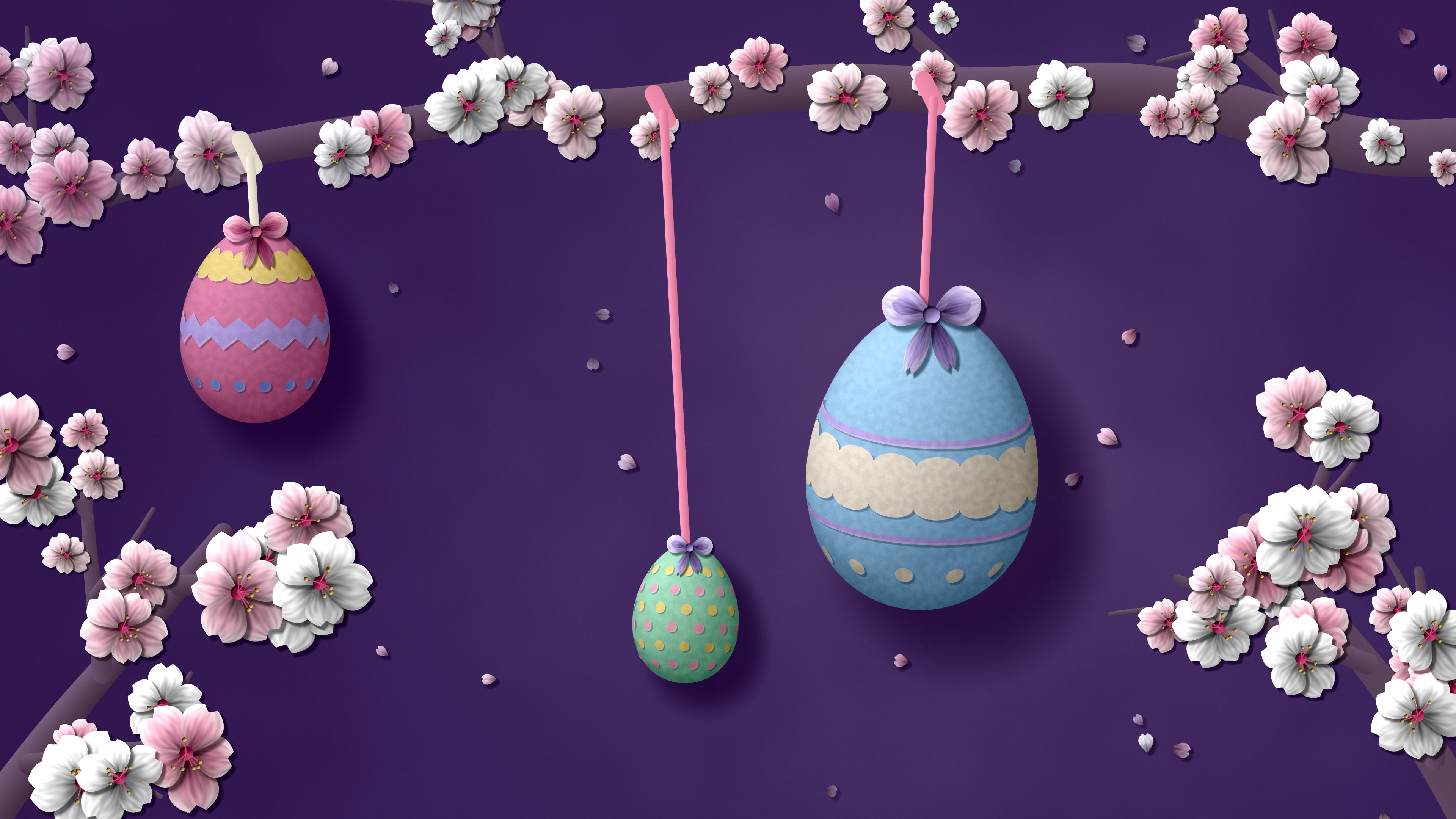 Dark Purple Paper Easter Eggs on a Cherry Blossom Branch desktop wallpaper in 4K