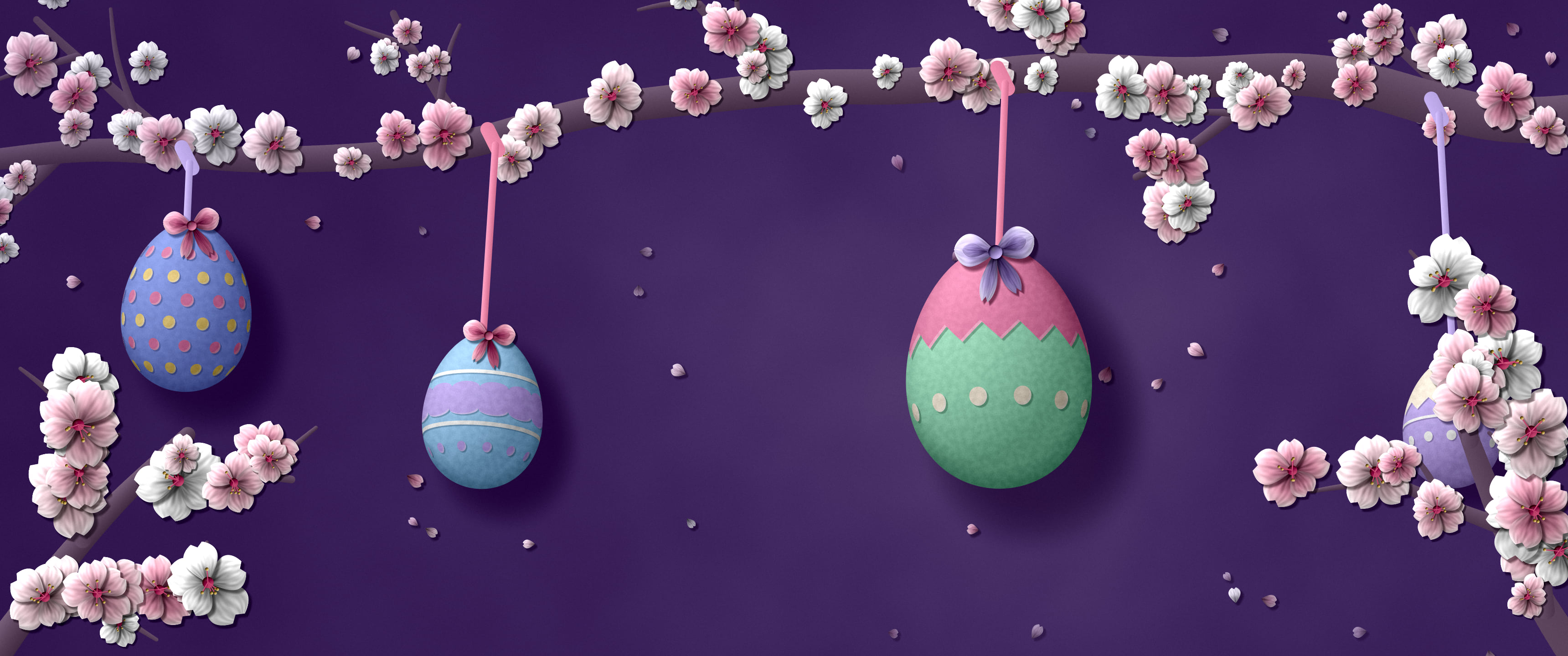 Dark Purple Paper Easter Eggs on a Cherry Blossom Branch ultrawide wallpaper, 3440 × 1440