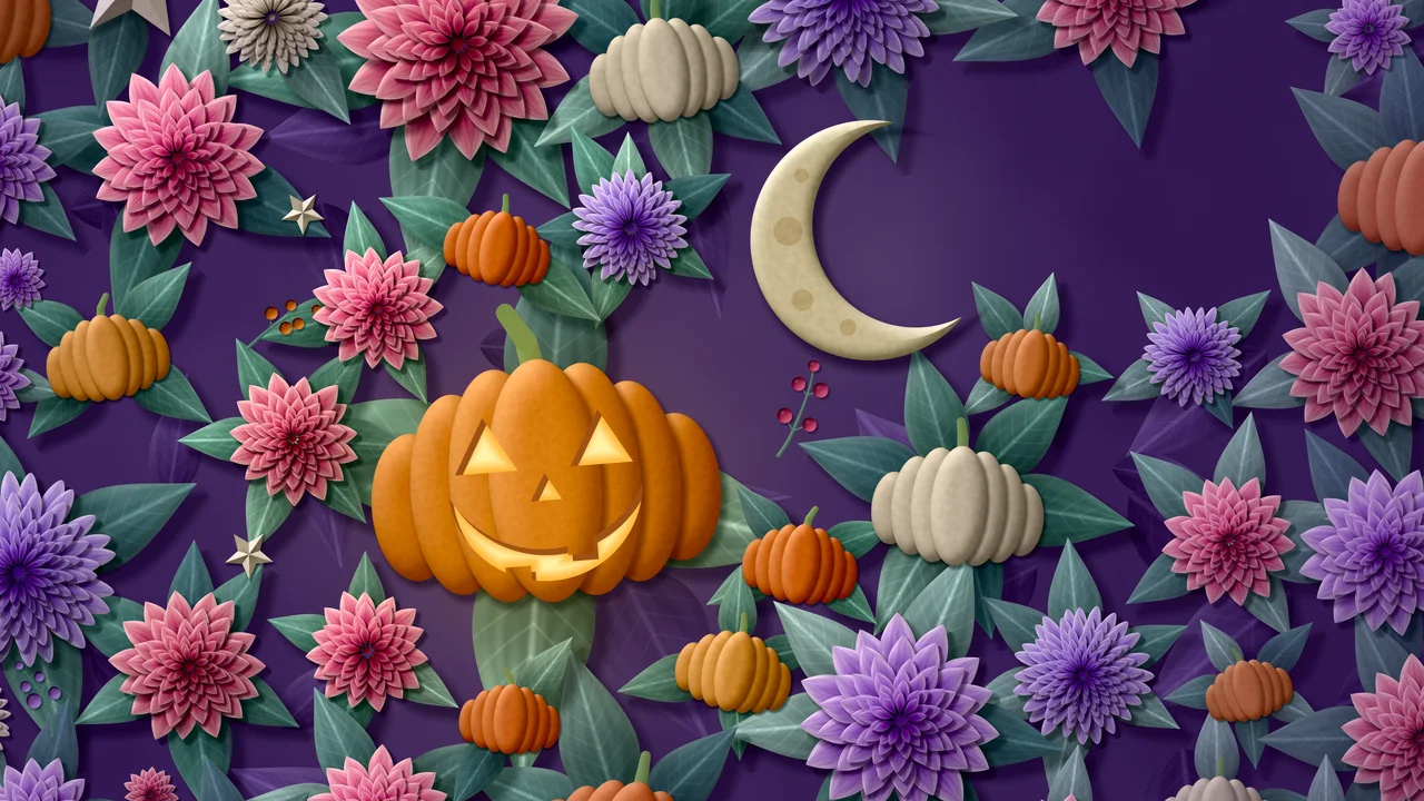Dark Purple Paper Halloween Pumpkin and Moon Pattern desktop wallpaper in 4K
