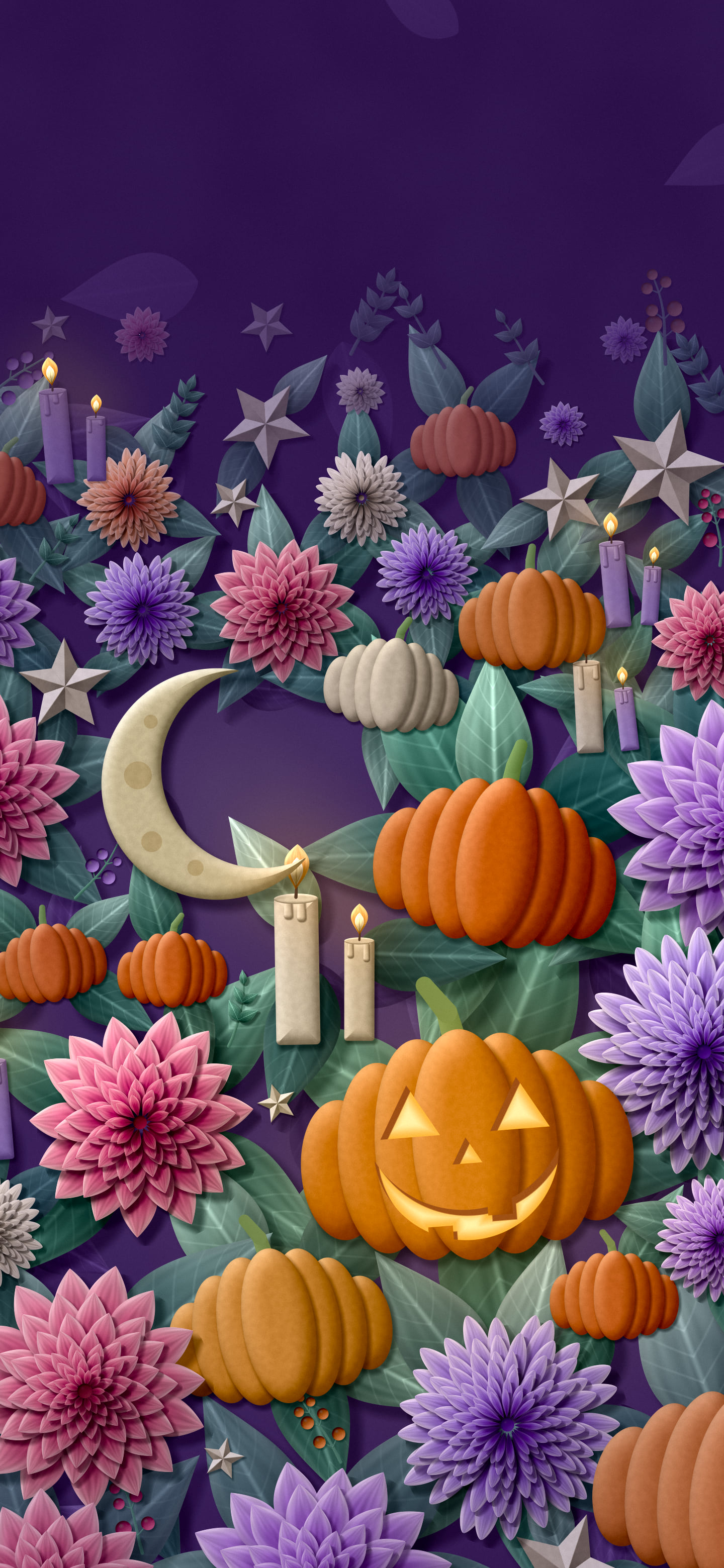 Dark Purple Paper Halloween Pumpkin and Moon Pattern wallpaper for iPhone and Android