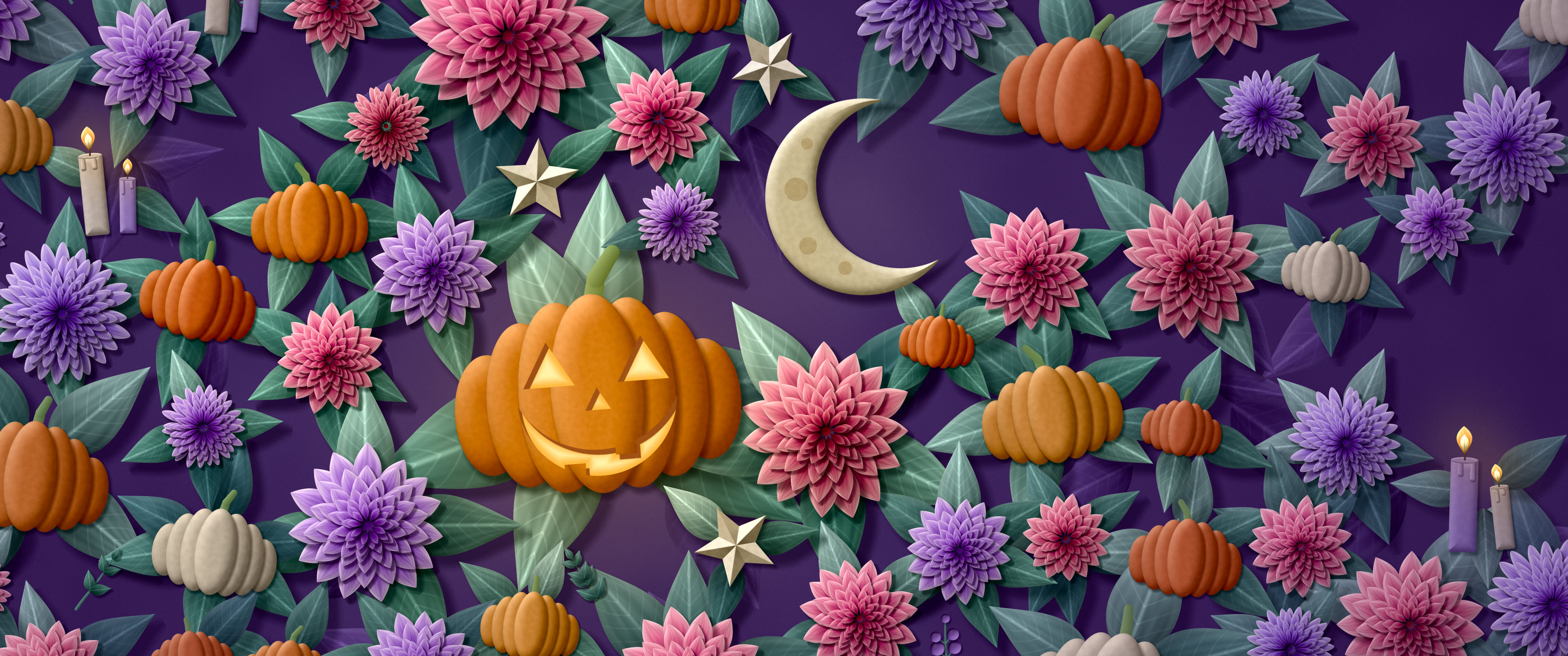 Dark Purple Paper Halloween Pumpkin and Moon Pattern ultrawide wallpaper, 3440 × 1440