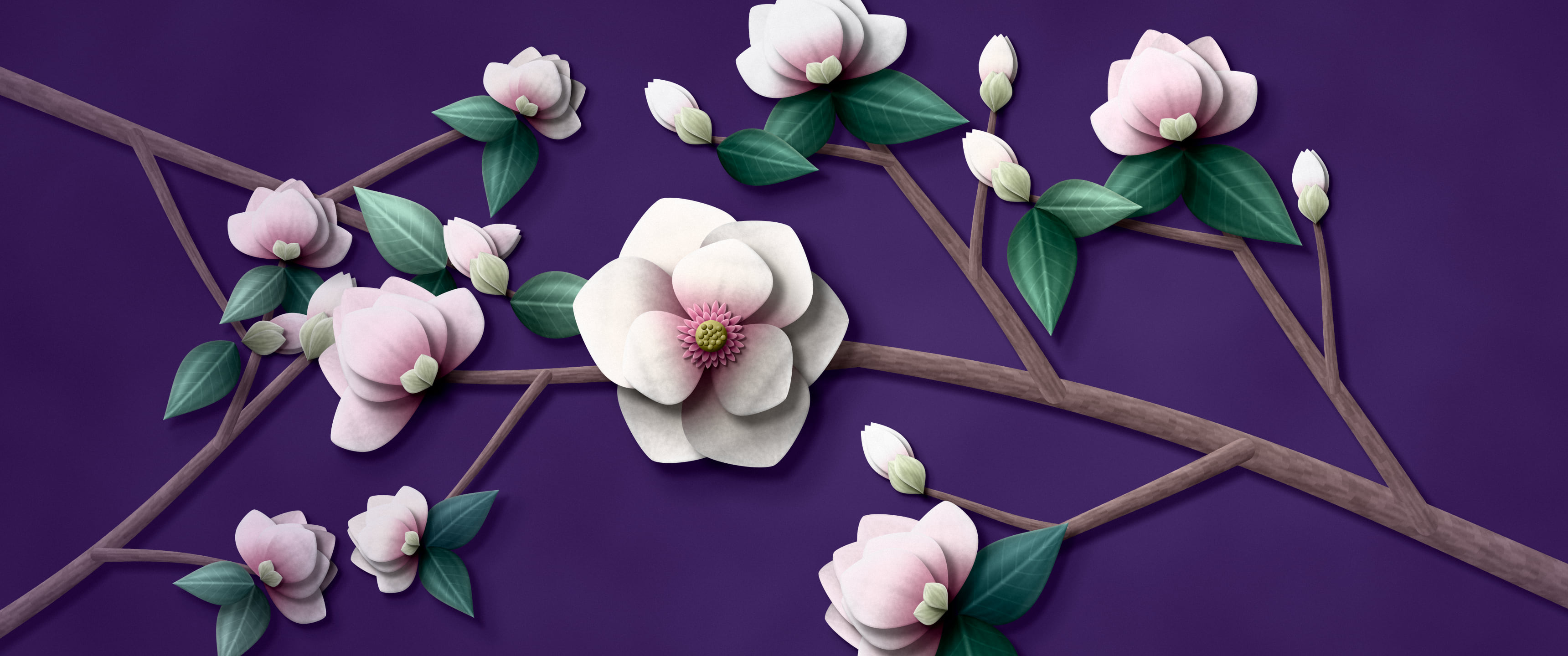 Dark Purple Paper Magnolia Branch ultrawide wallpaper, 3440 × 1440