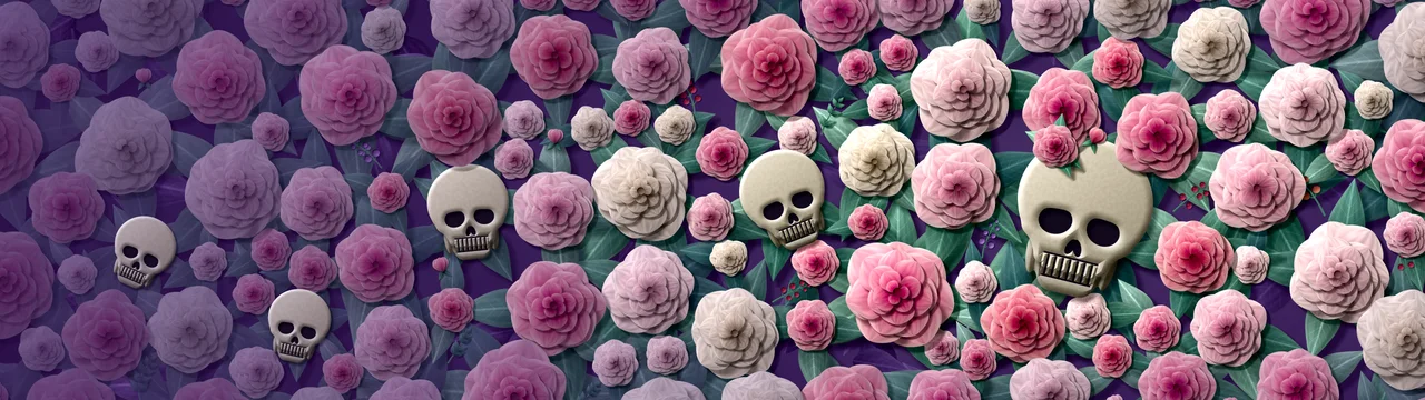 Dark Purple Paper Skulls and Roses dual monitor wallpaper, 7680 × 2160