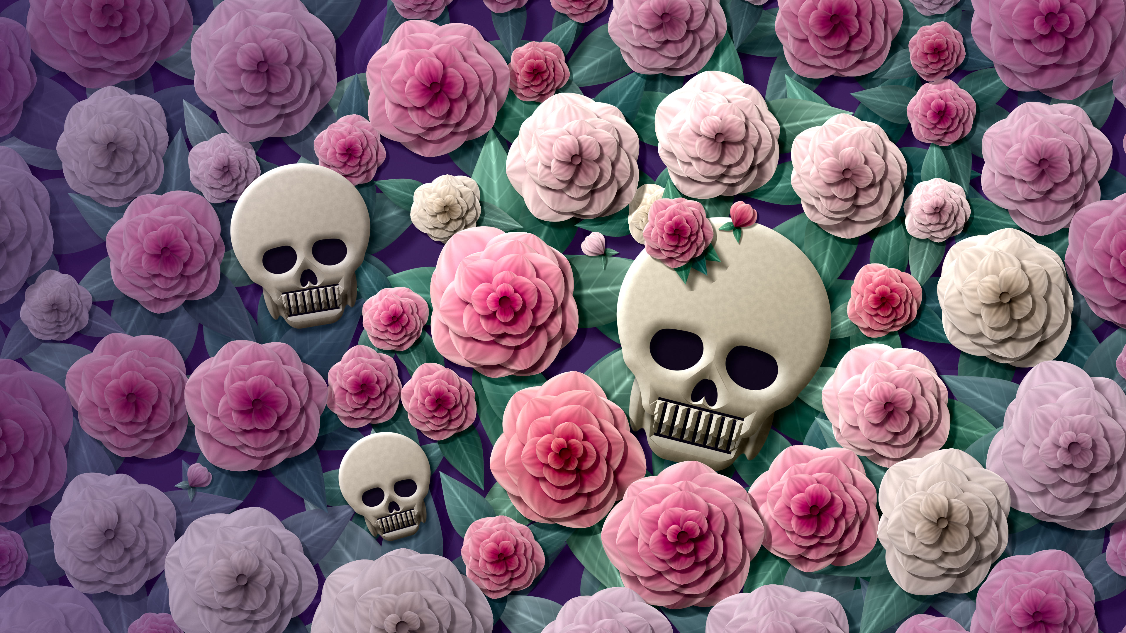 Dark Purple Paper Skulls and Roses desktop wallpaper in 4K