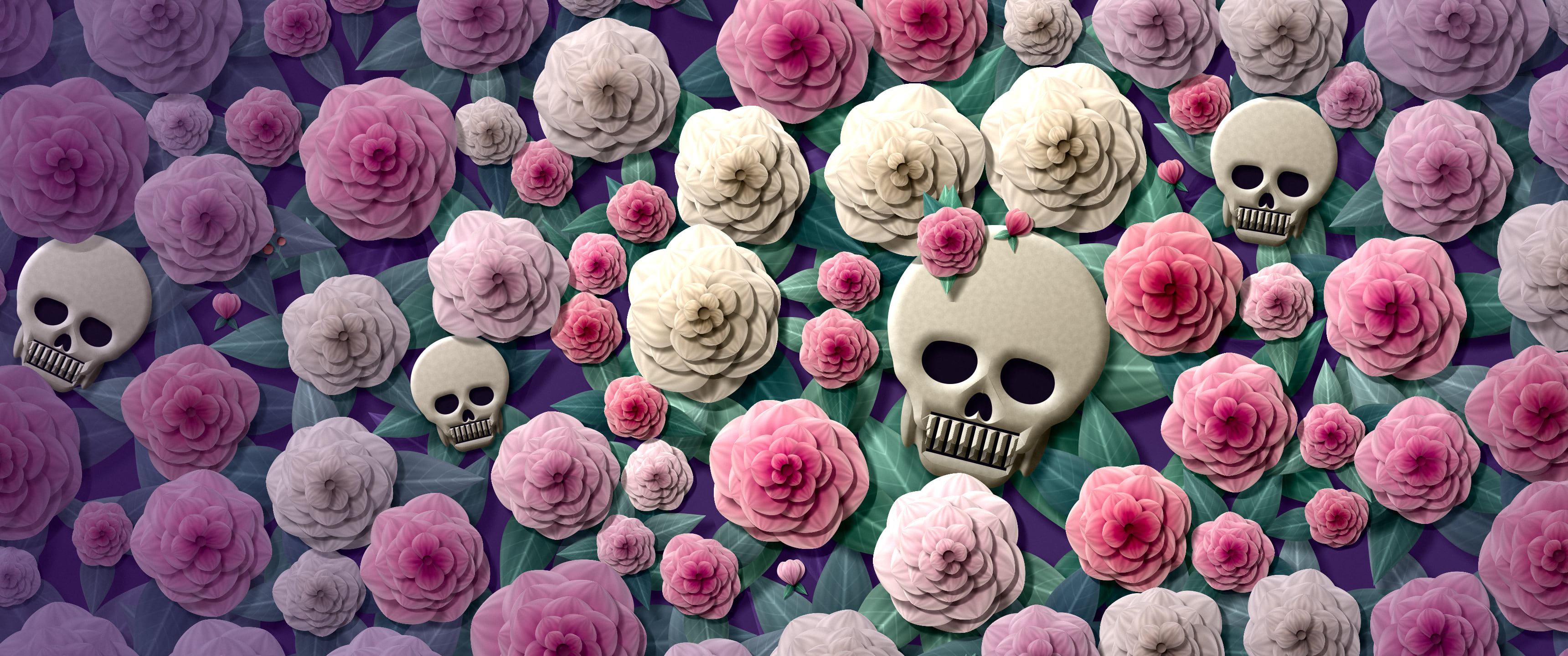 Dark Purple Paper Skulls and Roses ultrawide wallpaper, 3440 × 1440