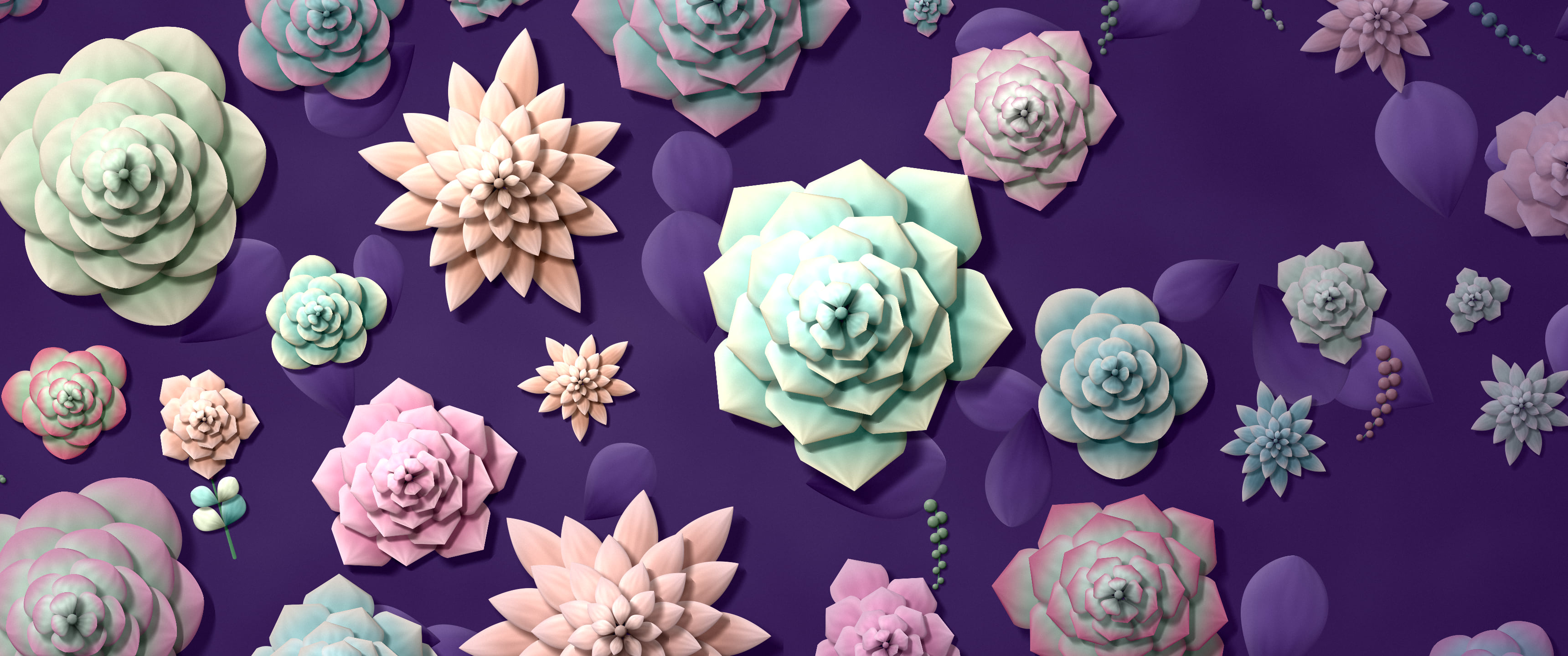 Dark Purple Paper Succulents ultrawide wallpaper, 3440 × 1440