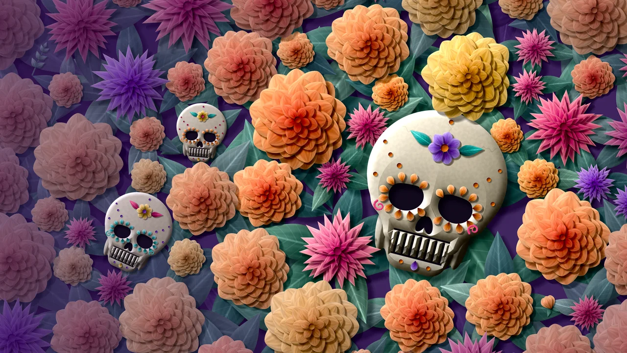 Dark Purple Paper Sugar Skull and Marigolds desktop wallpaper in 4K