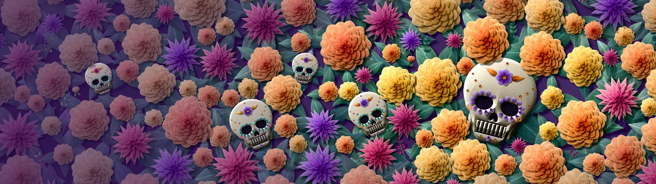Dark Purple Paper Sugar Skull and Marigolds dual monitor wallpaper, 7680 × 2160
