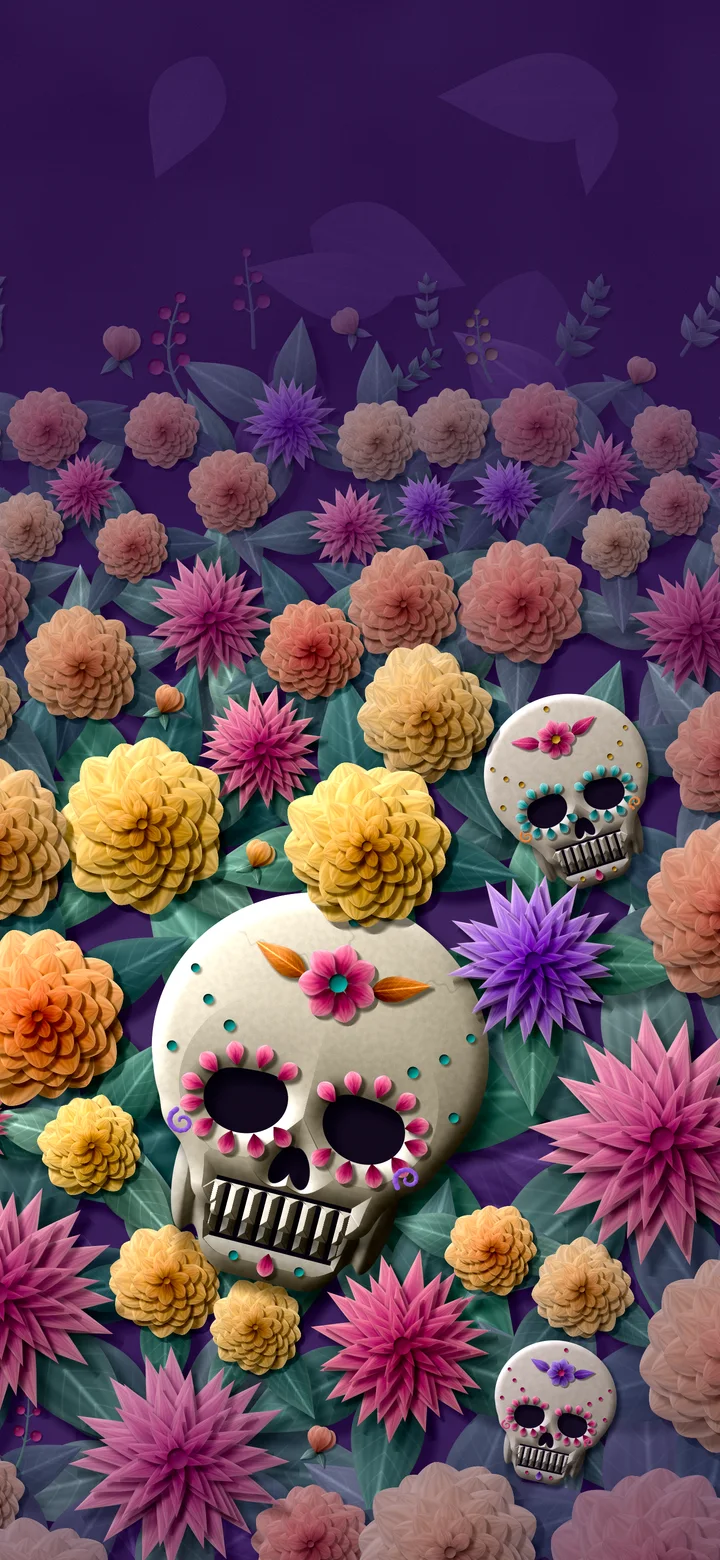 Dark Purple Paper Sugar Skull and Marigolds wallpaper for iPhone and Android