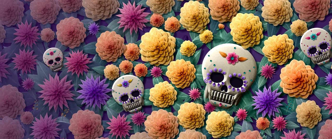 Dark Purple Paper Sugar Skull and Marigolds ultrawide wallpaper, 3440 × 1440