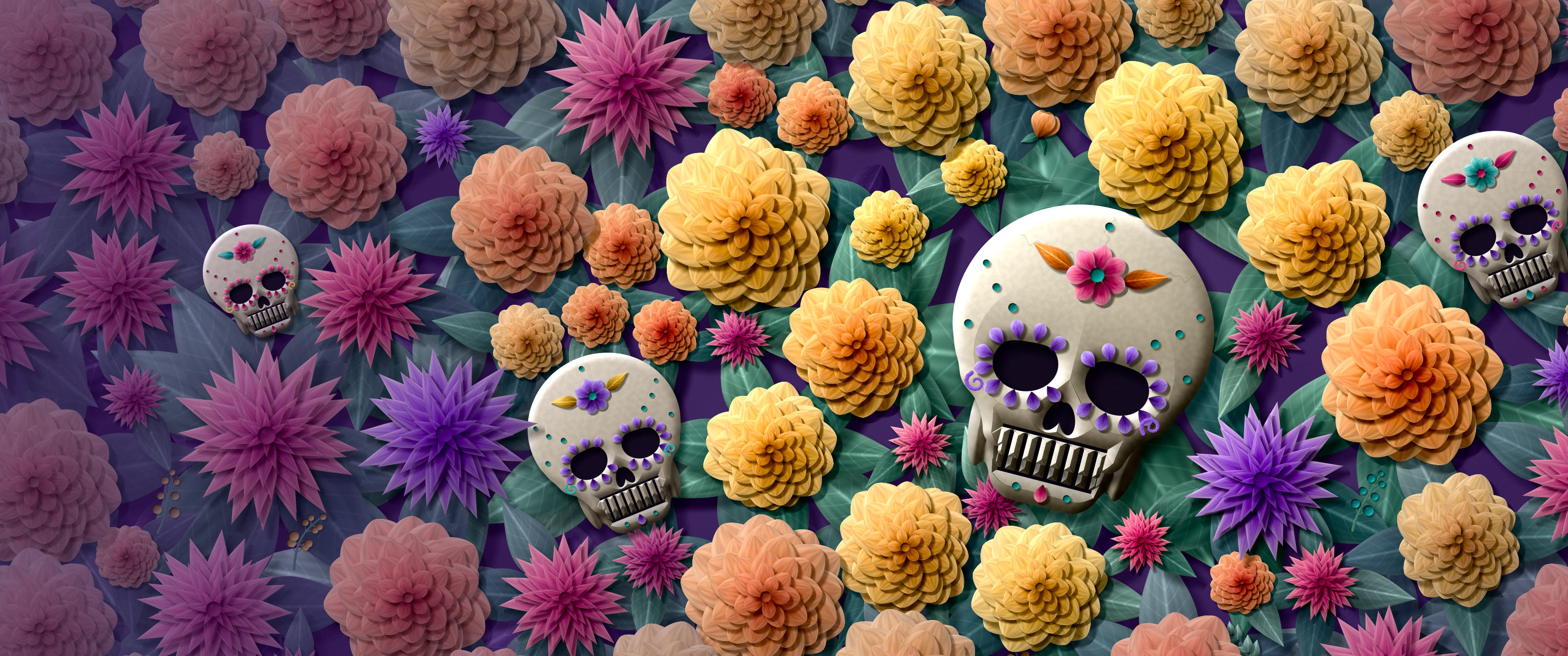 Dark Purple Paper Sugar Skull and Marigolds ultrawide wallpaper, 3440 × 1440