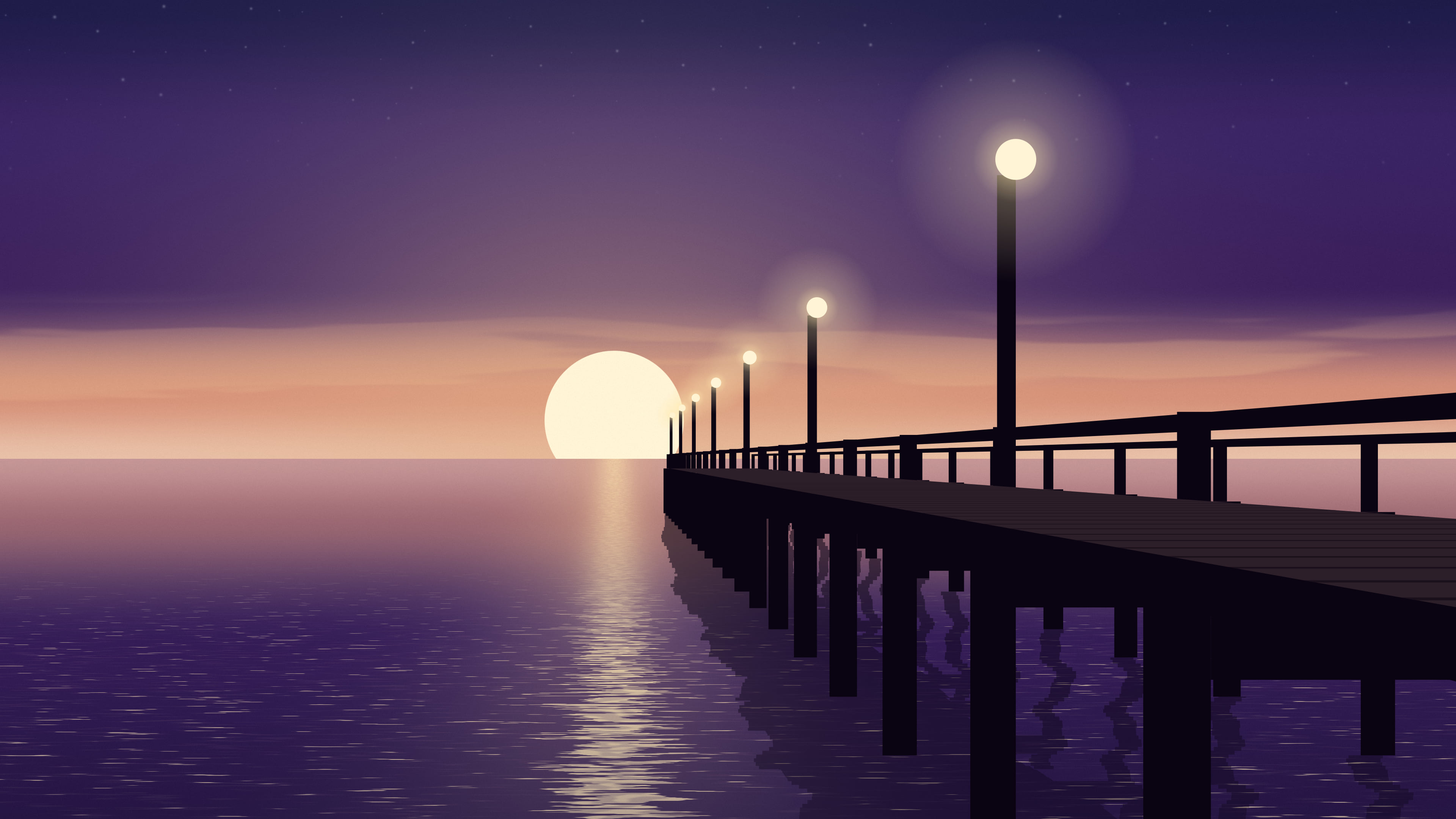 Dark Purple Pier Sunset desktop wallpaper in 4K