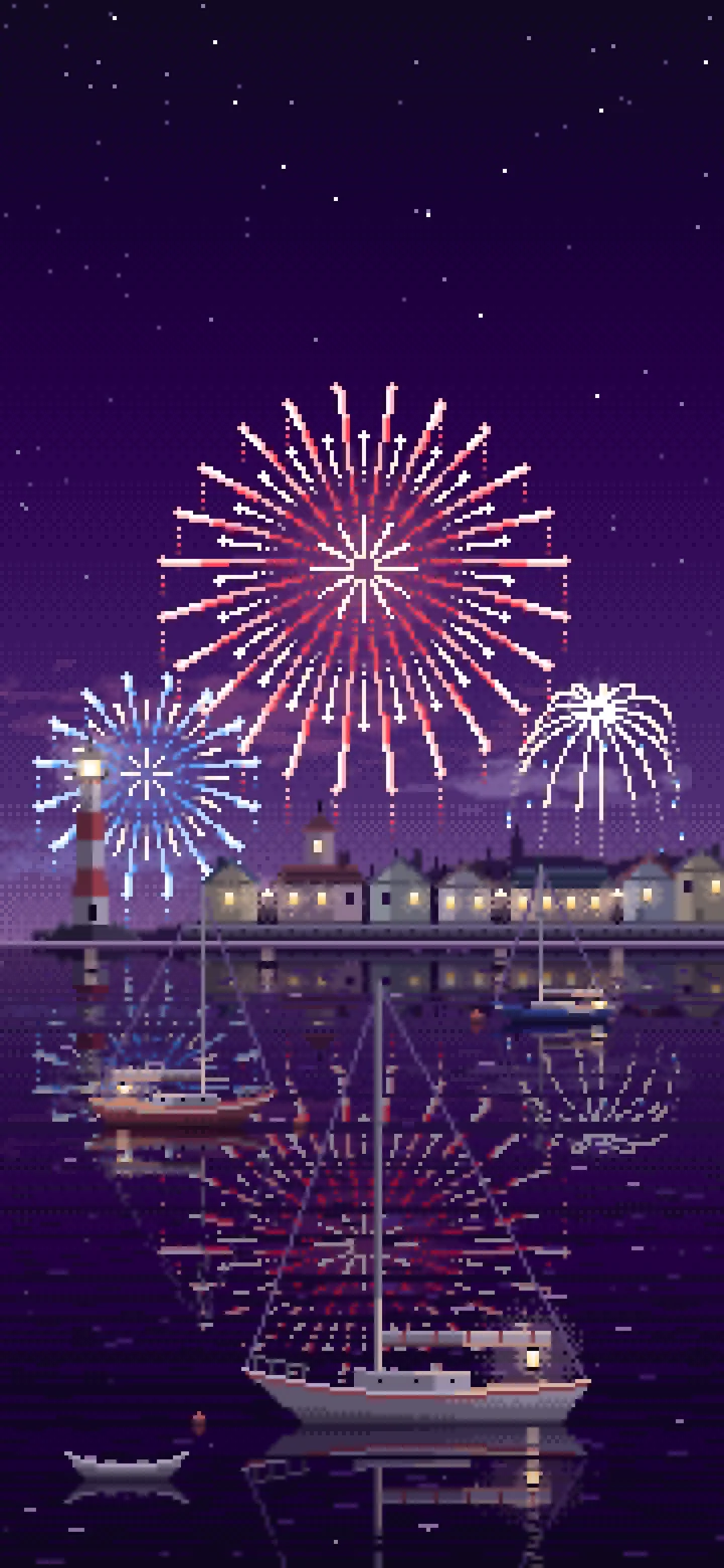 Dark Purple Pixel Art 4th of July Fireworks Over a Harbor wallpaper for iPhone and Android