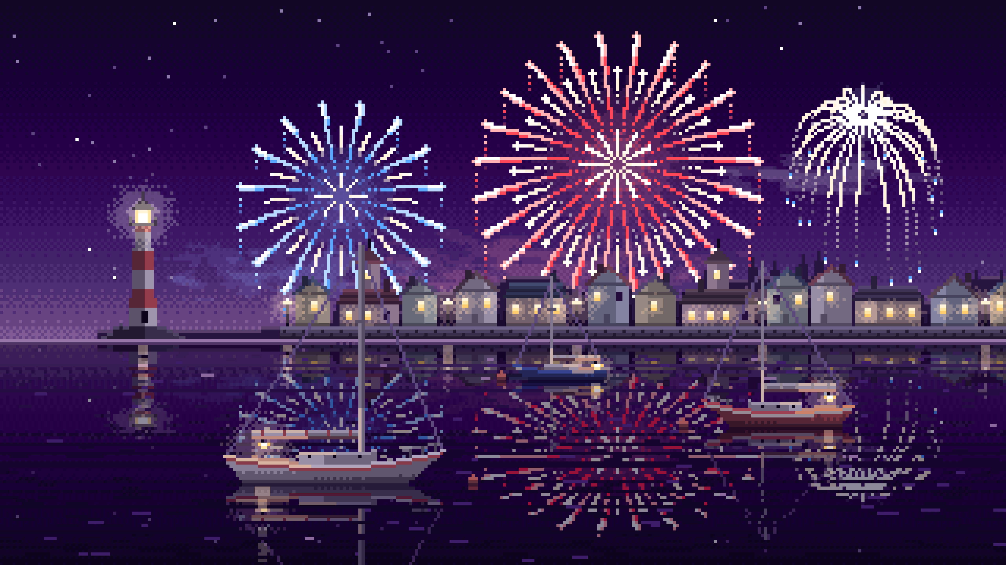 Dark Purple Pixel Art 4th of July Fireworks Over a Harbor desktop wallpaper in 4K