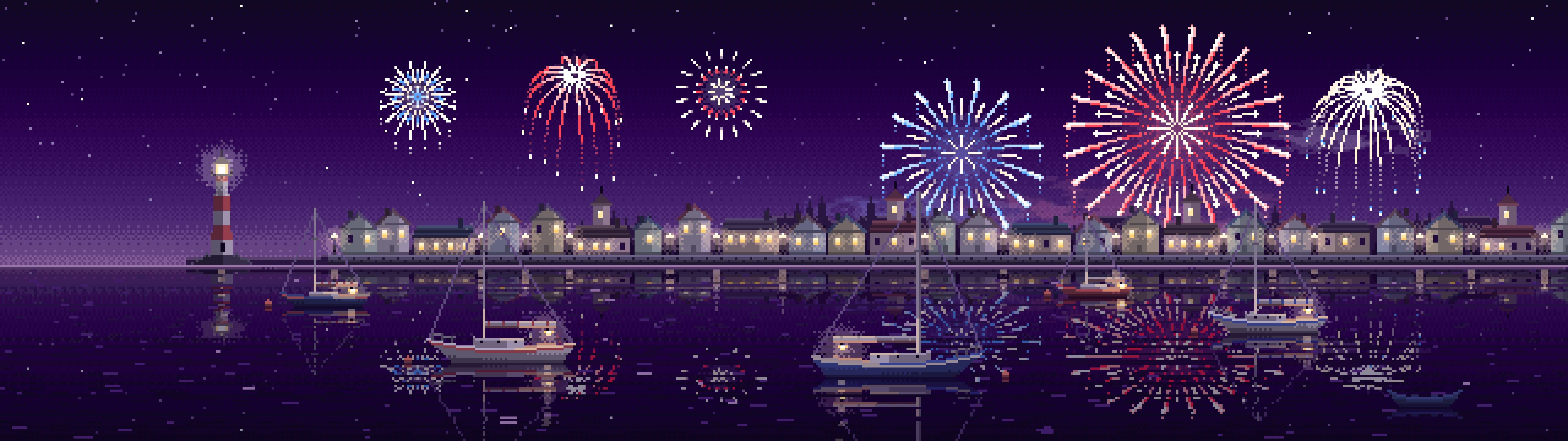 Dark Purple Pixel Art 4th of July Fireworks Over a Harbor dual monitor wallpaper, 7680 × 2160