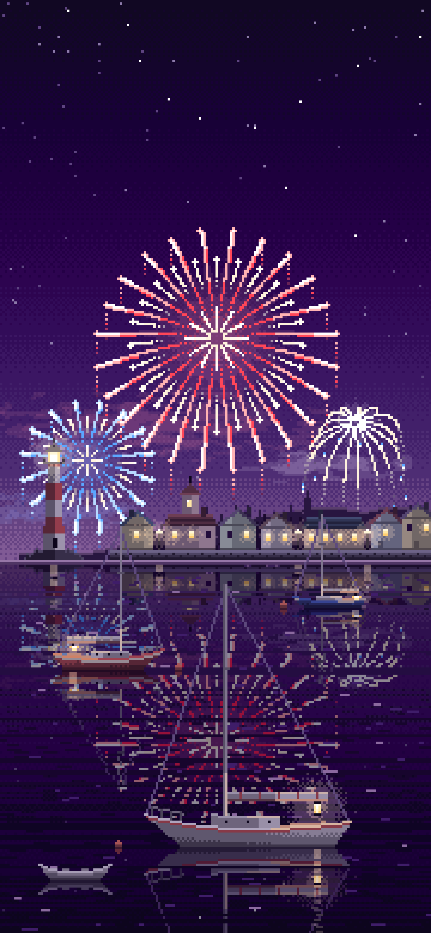Dark Purple Pixel Art 4th of July Fireworks Over a Harbor wallpaper for iPhone and Android
