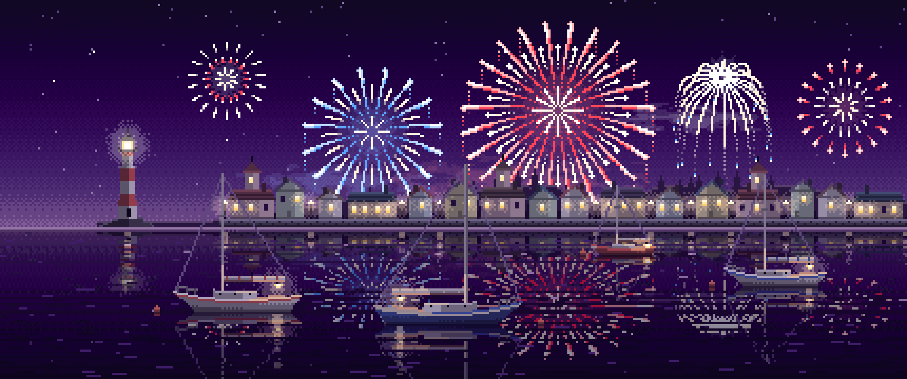 Dark Purple Pixel Art 4th of July Fireworks Over a Harbor ultrawide wallpaper, 3440 × 1440
