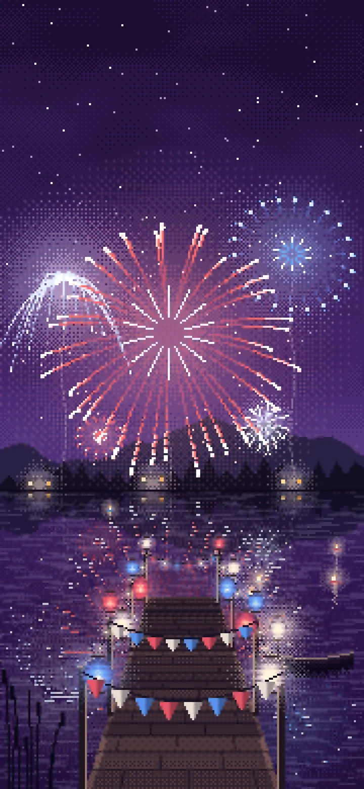 Dark Purple Pixel Art 4th of July Fireworks over a Lake wallpaper for iPhone and Android