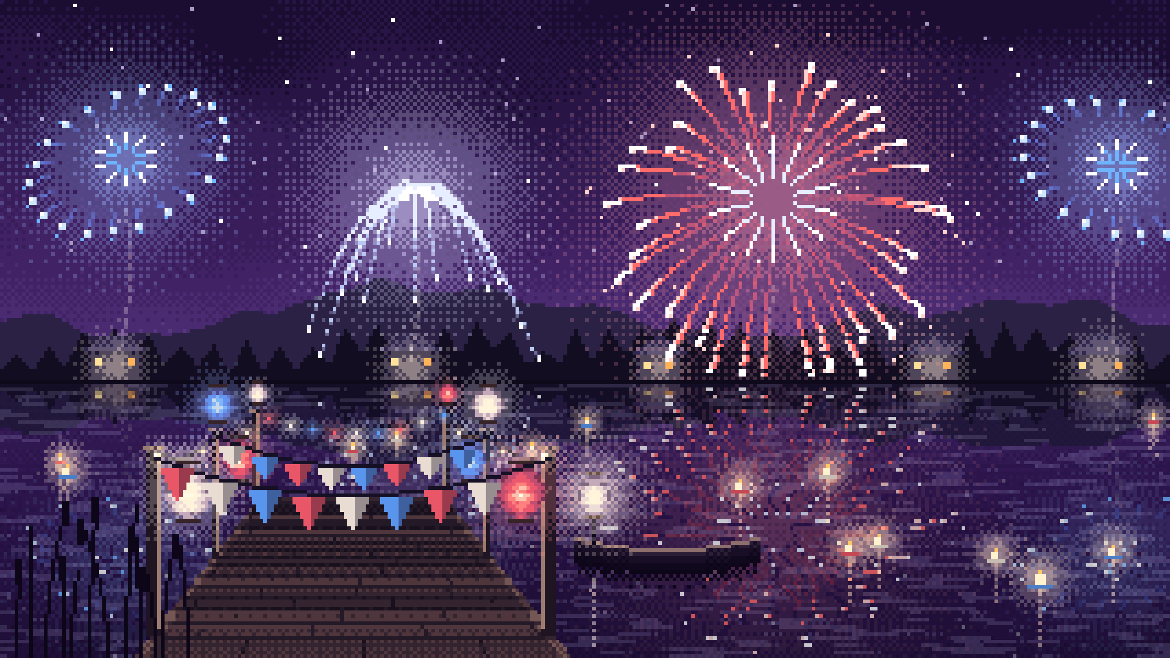 Dark Purple Pixel Art 4th of July Fireworks over a Lake desktop wallpaper in 4K
